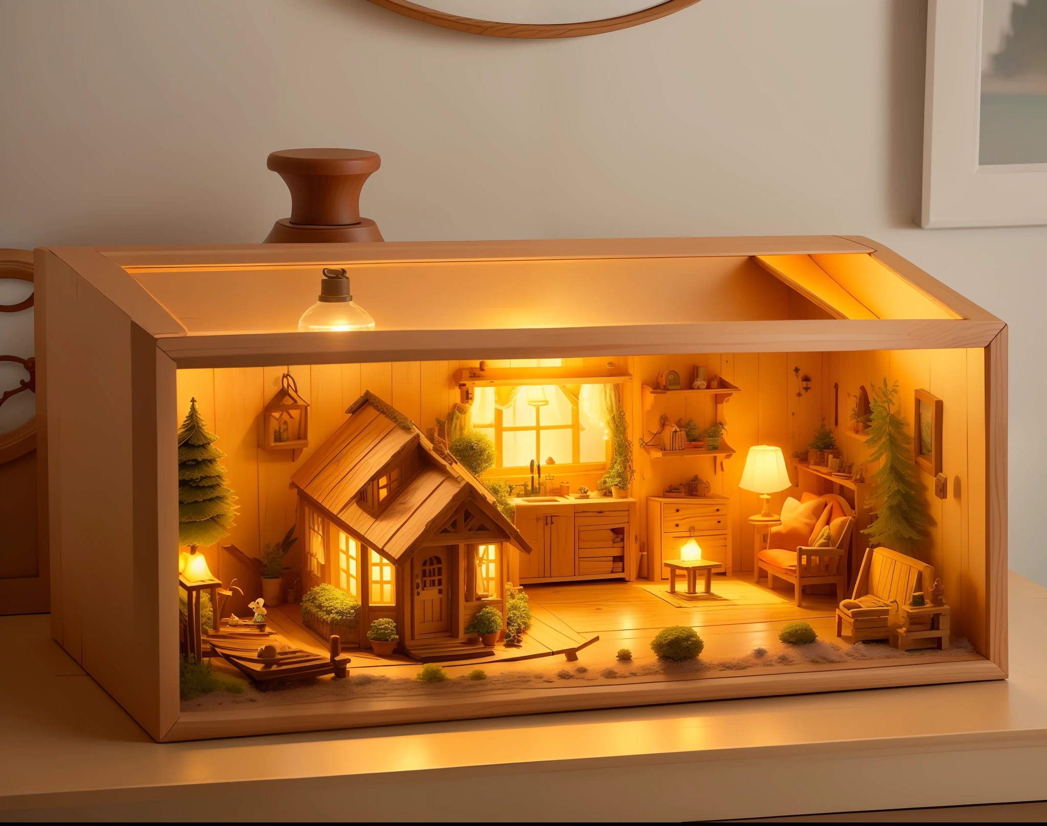 there is a small wooden box with a miniature house inside, designed for cozy aesthetics!, with detailed wood, detailed scenery —width 672, indoor scene, with a miniature indoor lake, tiny mice living inside, super detailed picture, highly detailed scene, miniature, filled with fauna, warm lighting inside, extremely good lighting, well - decorated, doll house, beautifully detailed