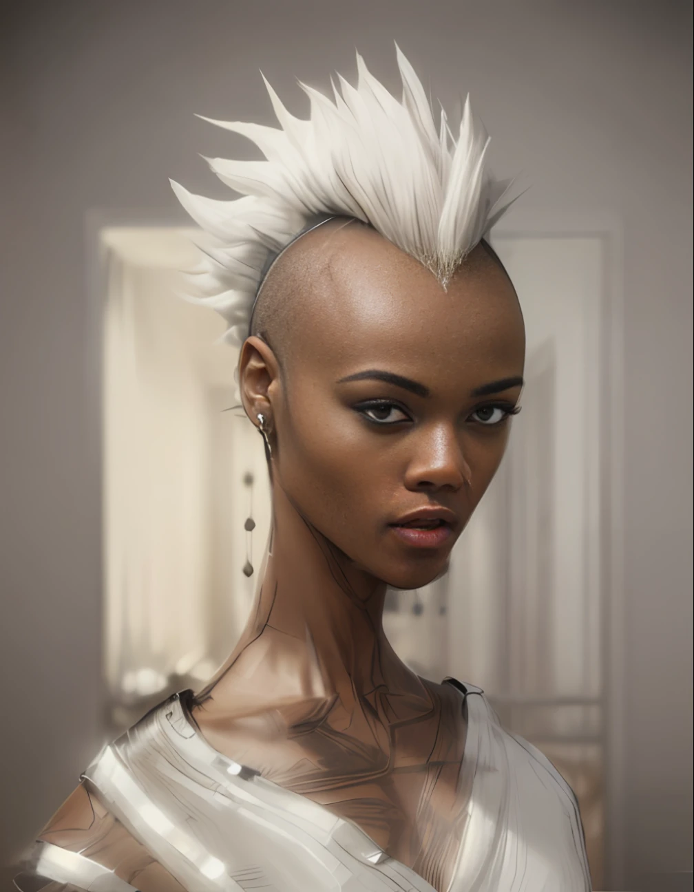 a woman with a mohawk and a striped dress poses for a picture, portrait of ororo munroe, cyborg - girl with silver hair, cinematic bust portrait, cinematic realistic portrait, unreal engine character art, close up character, 8k portrait render, afro futuristic, hyperdetailed fantasy character, realistic character concept, hyper-realistic cyberpunk style, dystopian sci-fi character