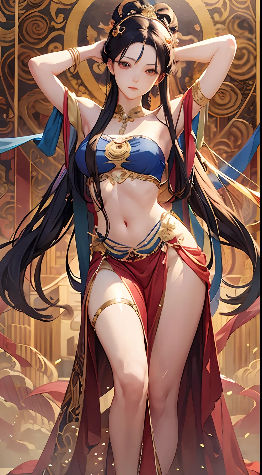 ((masterpiece)), (beat quality), a mature female, immortal, ethereal, dunhuang_cloths, very long hair, shining eyes, bare shoulder, flowing clothes, full body, tall legs, thighs, arms up, lips, light smile, [expressionless], perfect female body, detailed face, 8k, high resolutions, detailed background, sky