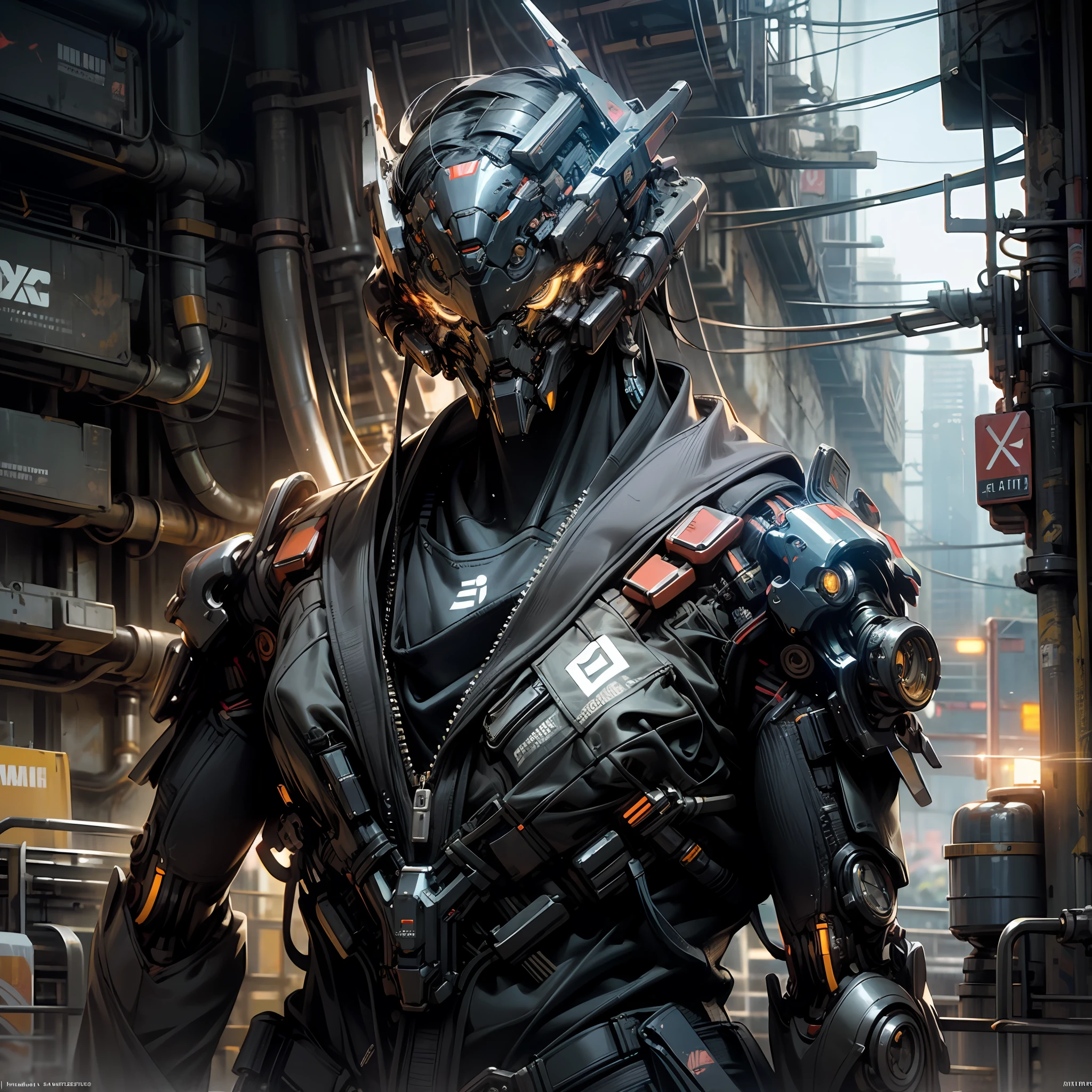 (masterpiece, best Quality, official art: 1,2), (mechanically optimised human: 1,3), extrem detailled, (very detailled CG-Illustration), cinematic Light,(mechanic joints:1,2),((mechanic extremities, face implants)),(mechanic arm:1.2), ((human)), (Character focus),science fiction,(glowing Details), City in the Background, (cyberpunk style), (cyberpunk Art:1.3), metal --auto