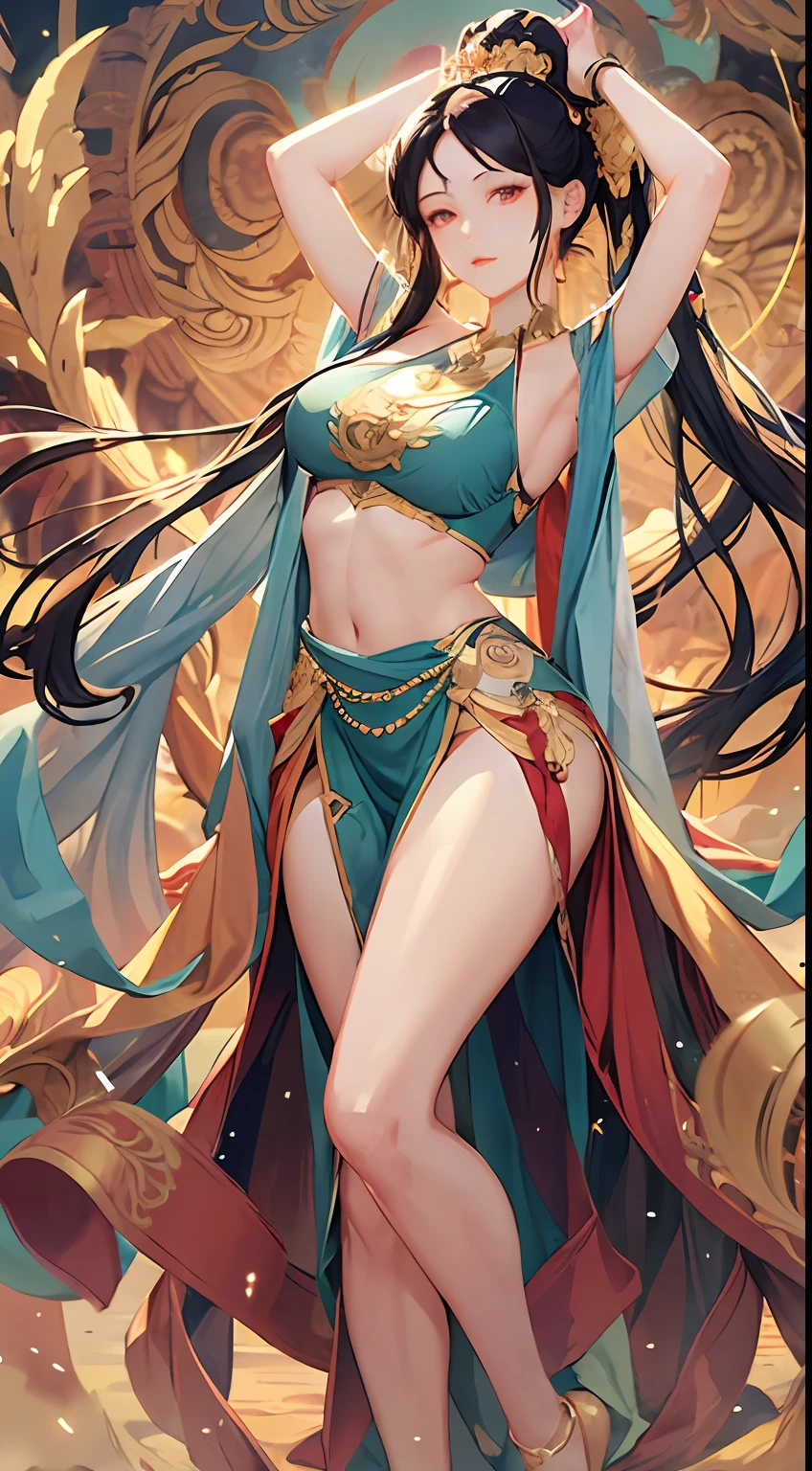 ((masterpiece)), (beat quality), a mature female, immortal, ethereal, dunhuang_cloths, very long hair, shining eyes, bare shoulder, flowing clothes, full body, tall legs, thighs, arms up, lips, light smile, [expressionless], perfect female body, detailed face, 8k, high resolutions, detailed background, sky