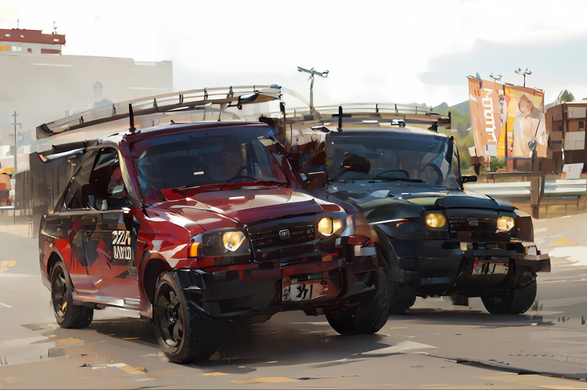 (Technological weapons in the body of the car), (scenery racing in the mountains), (cartoon style), (Ultra detailed)