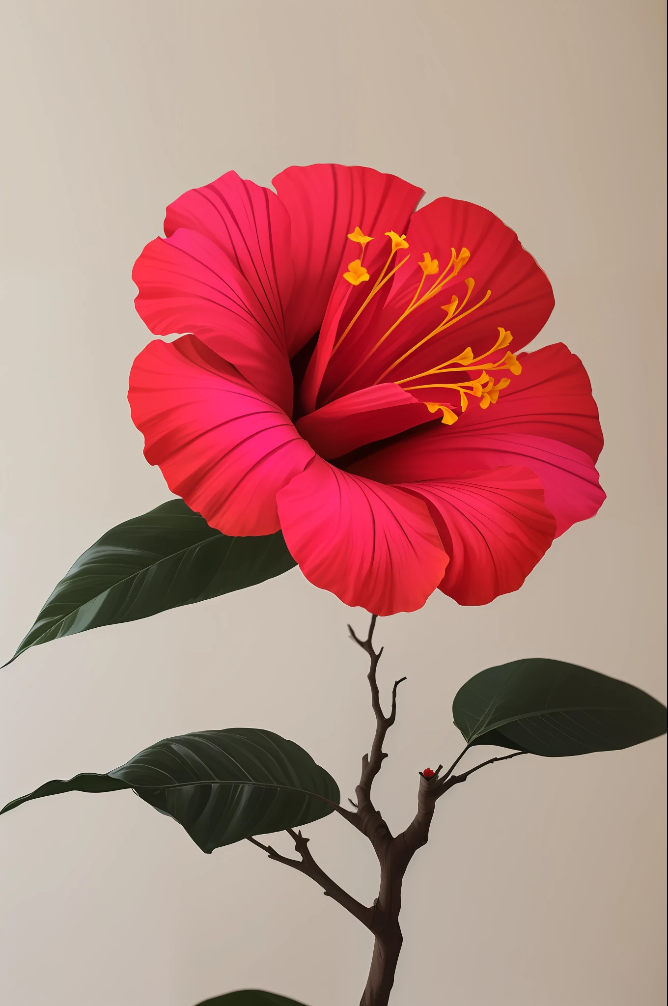 hibiscus flower blooming on a gnarled branch against a grey background, simple background, in the style of light orange and light beige, minimalist images, photography installations, paleocore, green and crimson, hyper-realistic, poetic intimacy