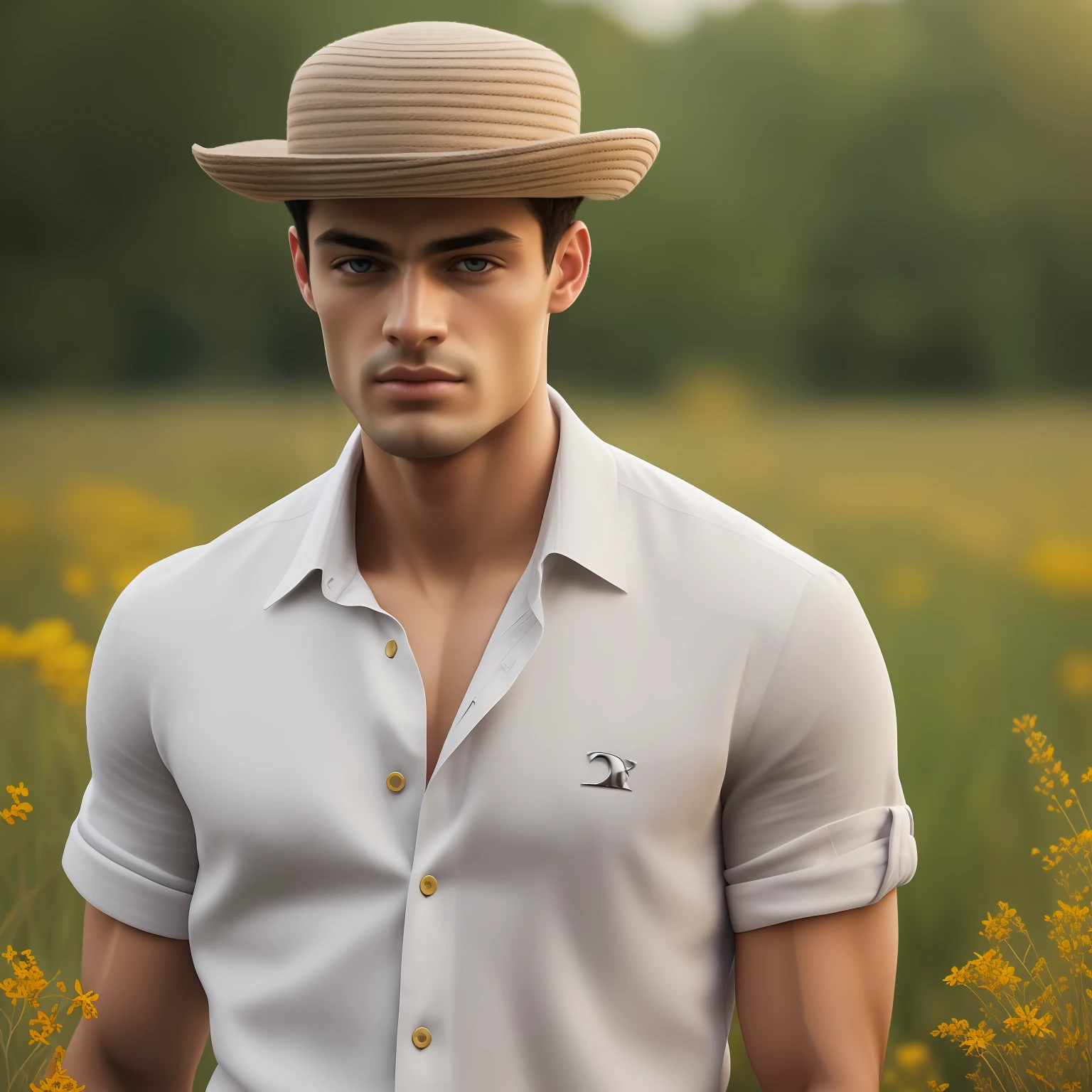 RAW photo, fashion photo essay, 1Man, ((male model inspired by young mixed Sean O'Pry)), (photorealistic: 1.4), (short full body), ((full body photo: 1.5)), (outdoor magazine cover essay), 45 year old man aesthetics, (male appearance), oblong face shape, symmetrical face, symmetrical body, middle-aged man, lean, lean and fit body, robustly, walk in wide meadow, wild colorful flowers, wearing a fashionable simple linen cloth, pastel color or earth tone color, sneakers, hat, ((Christian Dior cloth)), Dior Men's Collection by Kim Jones, closed background shirt, (Male Focus), natural meat tones, soft light, highly detailed, healthy skin, masterpiece, best quality, intricate details, dramatic composition, realism, high quality rendering, stunning art, high quality, film grain, insanely detailed, super beautiful, dynamic pose, seductive, dramatic lighting, full body shot, young, hairless body, lean and tall, firm and fit body, dominant, white or caucasian skin, high definition, natural flesh tones, soft light, highly detailed, ((looking at the viewer)), photography, detailed skin, real person, photo-realistic, insanely detailed, face detail, maximalist hype, hyper-realism hype, cinematic, telephoto, intricate lighting details, highly detailed, highly detailed, digital painting, attestation, concept art, smooth, sharp focus, Unreal Engine 5, 8K, art by Ross Tran and greg rutkowski and alphonse Mucha, UHD, 8k, dim lighting, high quality, film grain, Fujifilm XT3, world's most beautiful man, wild colorful flowers with weak mist background,--sameseed --auto