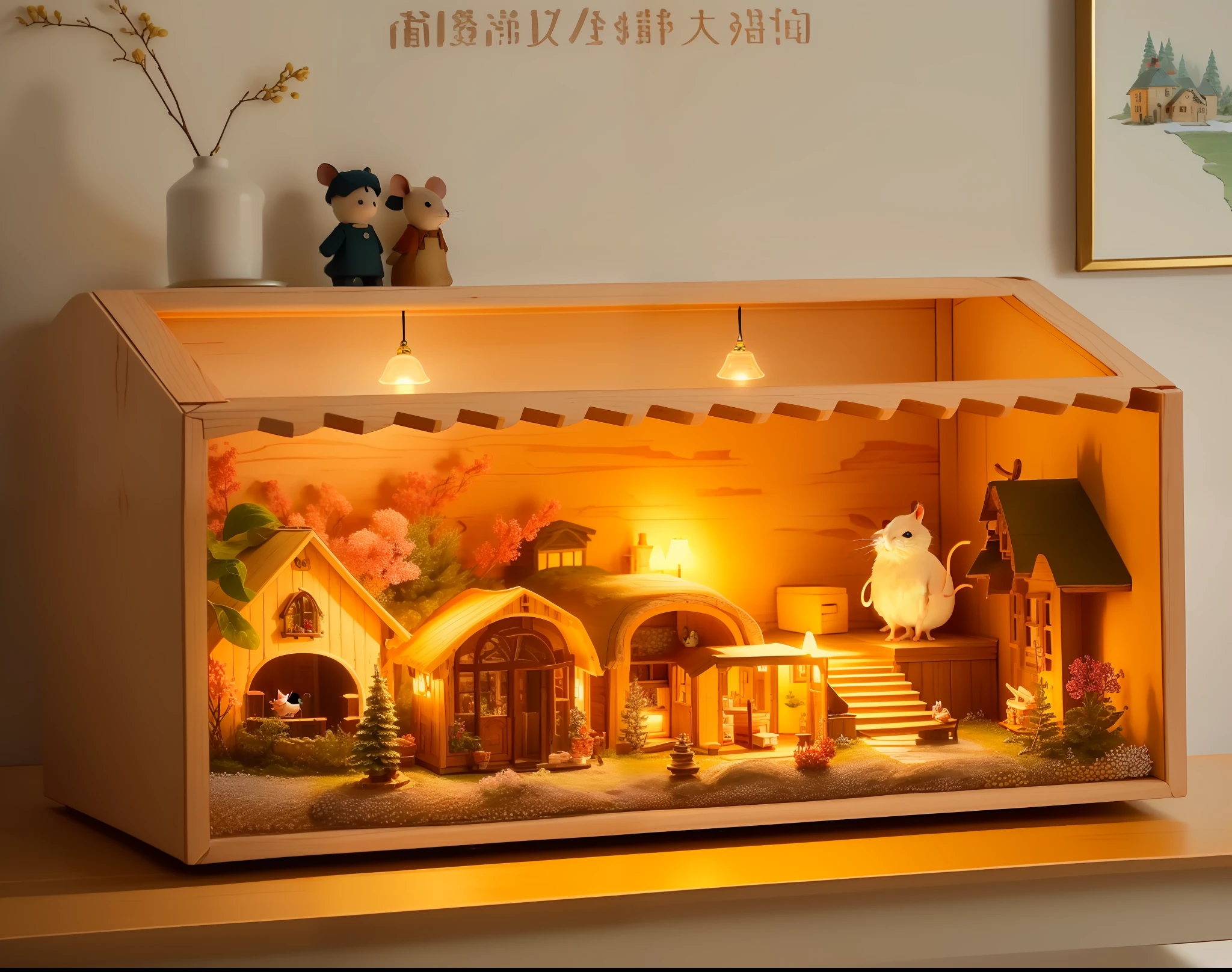 there is a small wooden box with a miniature house inside, designed for cozy aesthetics!, with detailed wood, detailed scenery —width 672, indoor scene, with a miniature indoor lake, tiny mice living inside, super detailed picture, highly detailed scene, miniature, filled with fauna, warm lighting inside, extremely good lighting, well - decorated, doll house, beautifully detailed