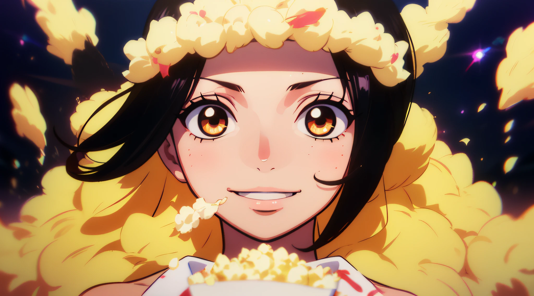 girl black hair, two pintinhs near the mouth in the mouth, surrounded by popcorn with caramel, happy smiling (Masterpiece: 1.2, best quality), (Beautiful big eyes: 1.2), (Very detailed CG Unity 8k wallpaper, Masterpiece, Best quality, Ultra detailed, Best shadow), (Detailed background), (Beautiful smiling face, Beautiful eyes details,body), High contrast, (Best lighting, extremely delicate and beautiful),  1boy, (Colorful paint speckled on transparent background, Dulux,)), ((Caustic)), Dynamic angle, Pure black hair, Full body, lots of popcorn