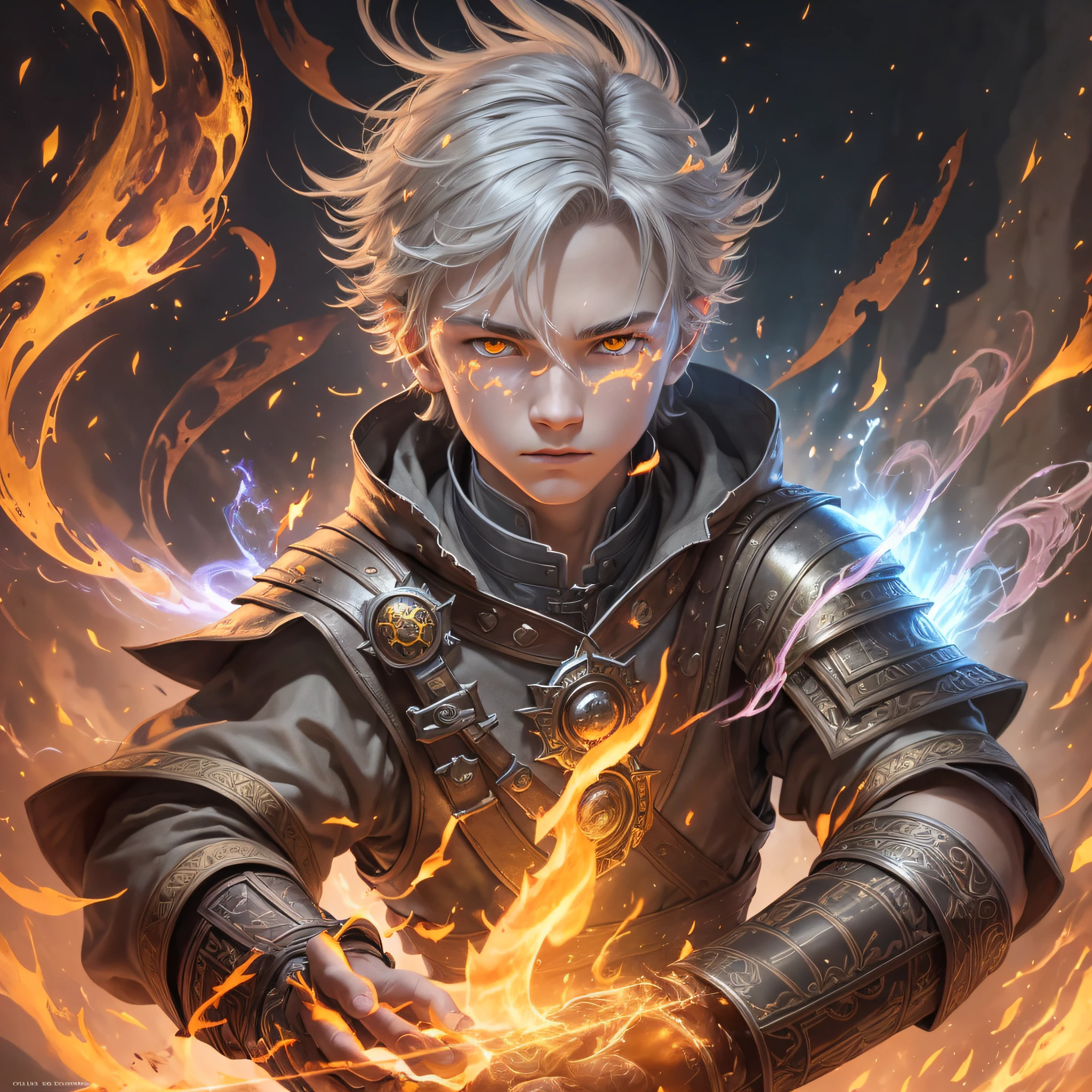 Kyo1,RAW photo, (high detailed skin:1.2), 8k uhd, dslr, soft lighting, high quality, film grain, Fujifilm XT3, sorcerer, wearing kingdom fiery armor, grey hair