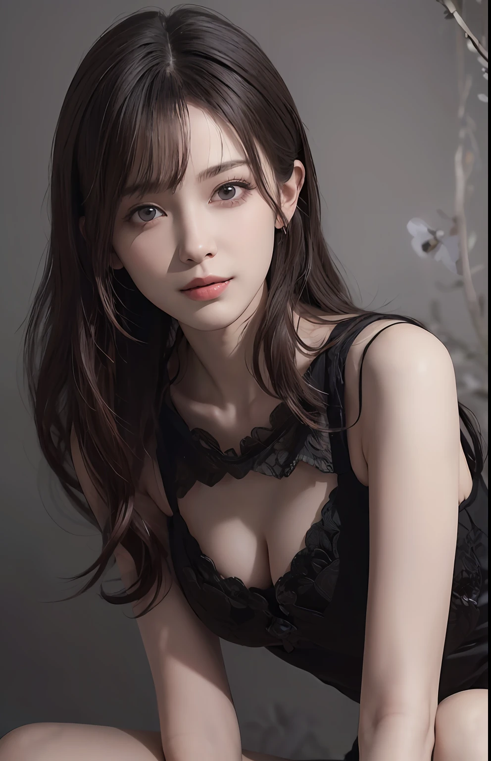 (Ultra Realistic), (Illustration), (High Resolution), (8K), (Very Detailed), (Best Illustration), (Beautiful and Detailed Eyes), (Best Quality), (Ultra Detailed), (Masterpiece), (Wallpaper), (Detailed Face), Solo, One Girl, Viewer, Fine Detail, Detailed Face, In the Dark, Deep Shadows, Low Key, pureerosfaceace_v1, Smile, Long Hair, Black shawl straight hair, 46-point diagonal bangs, full body, very beautiful legs, open legs