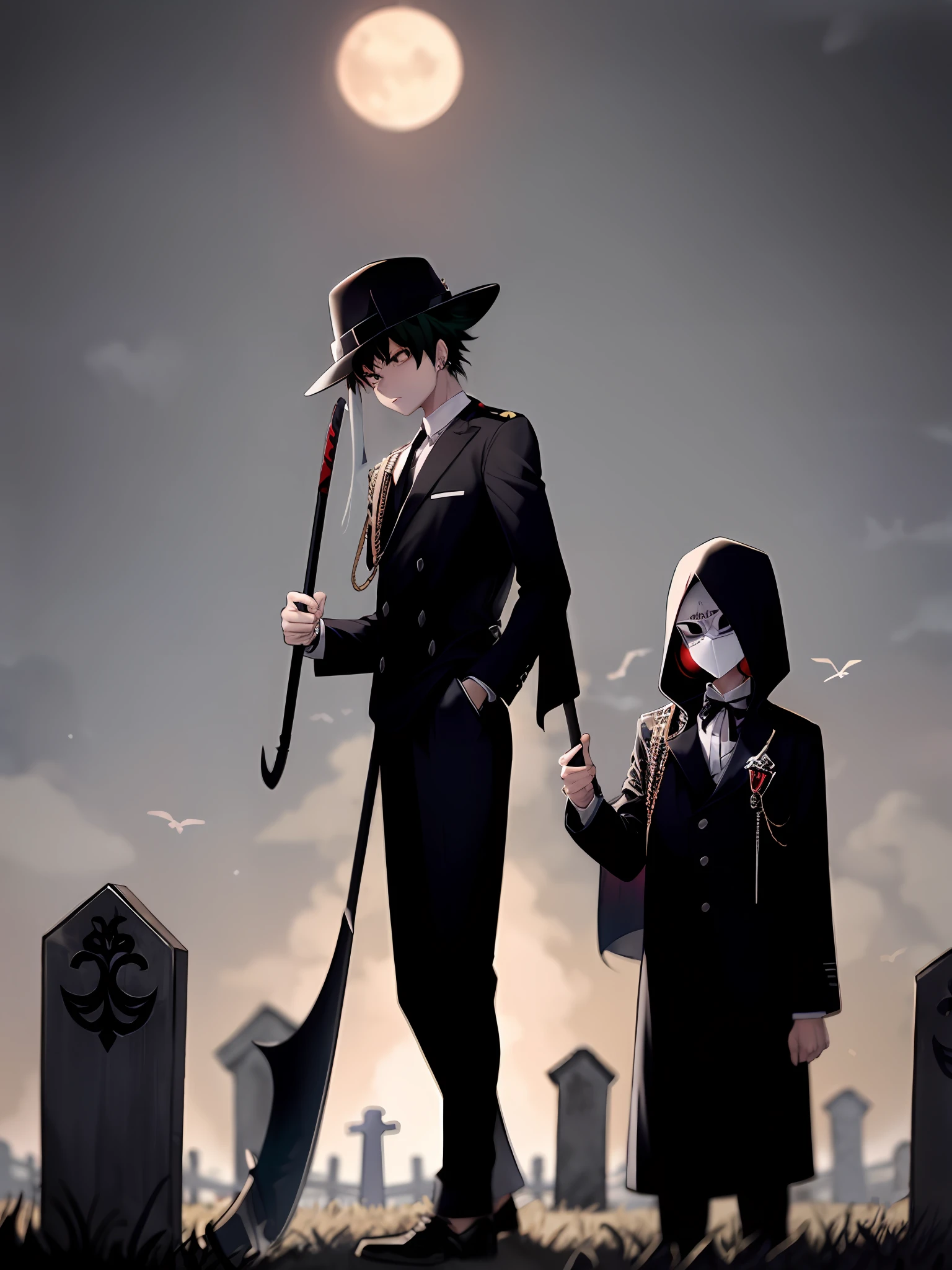 Izuku Midoriya as the Grim Reaper dressed in plague doctor's clothes wielding a scythe in a cemetery under the crimson moonlight.