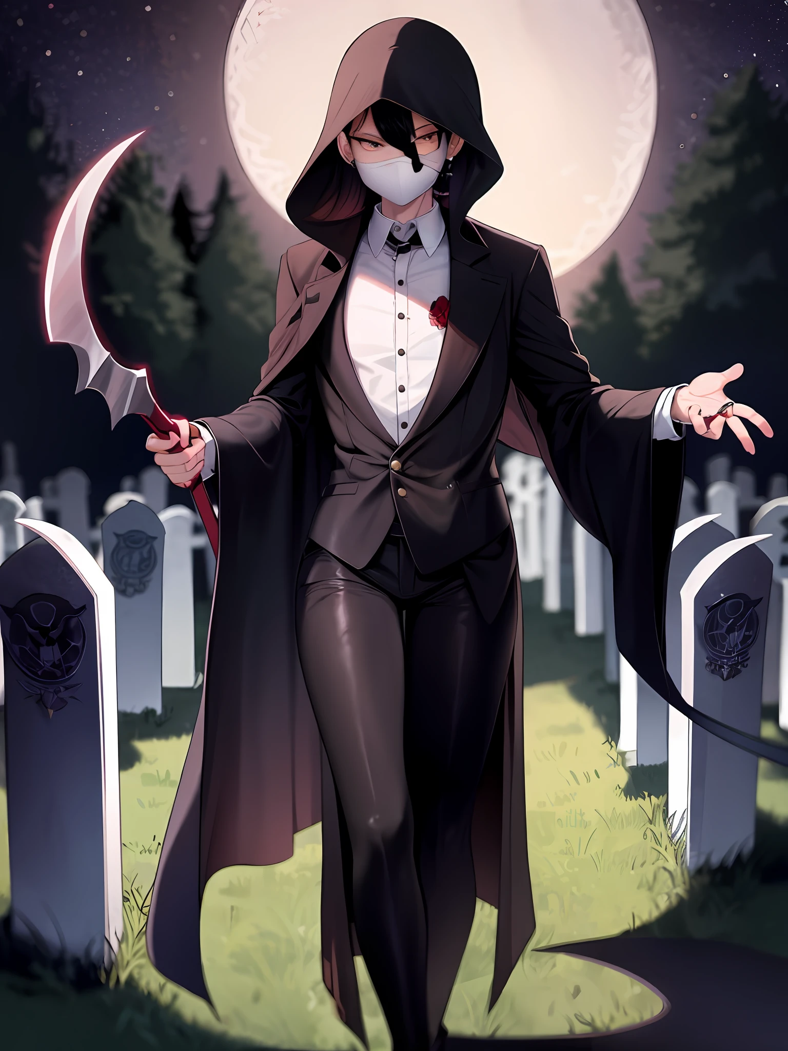 Izuku Midoriya as the Grim Reaper dressed in plague doctor's clothes wielding a scythe in a cemetery under the crimson moonlight.