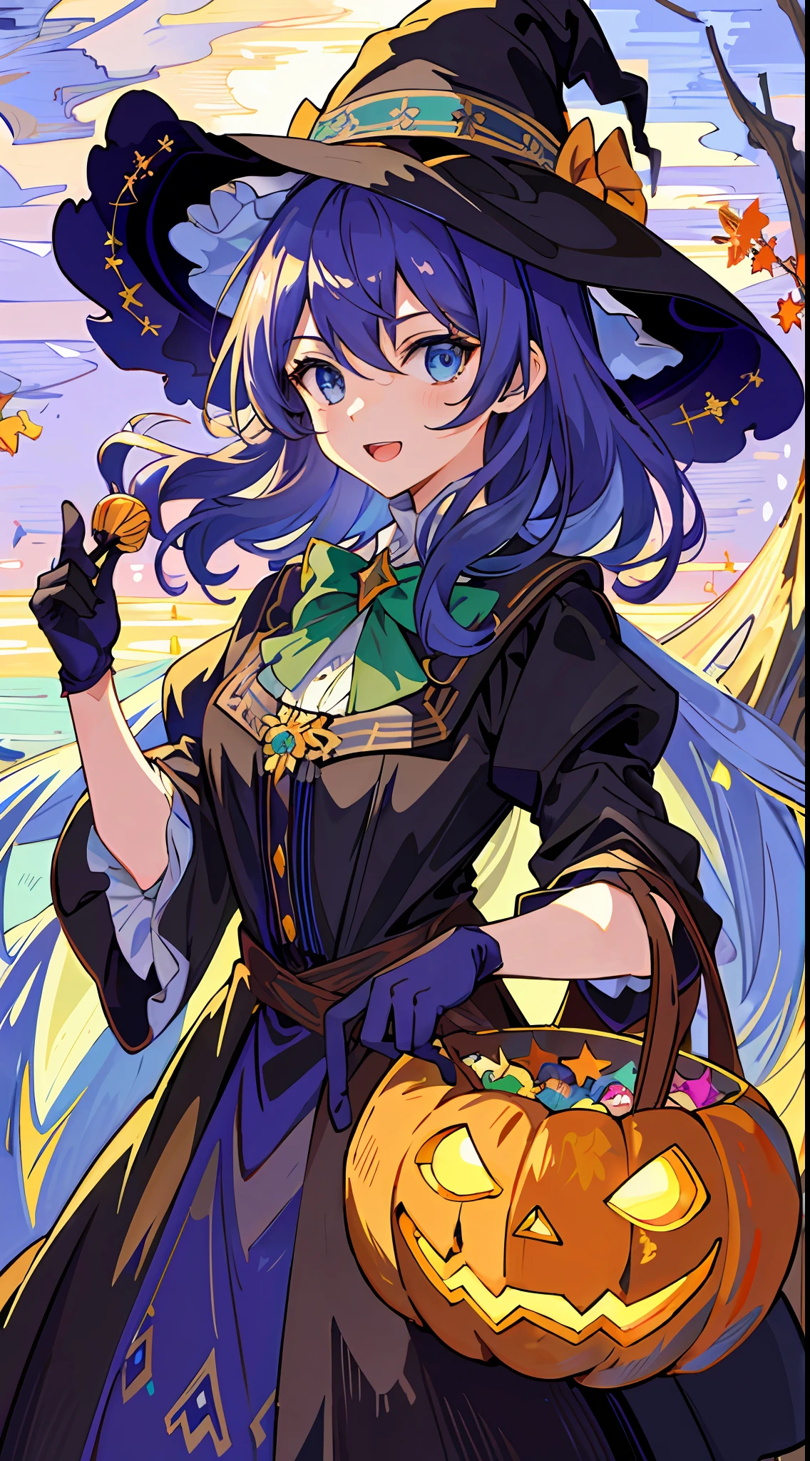 ((masterpiece:1.2, best quality)), 1girl, solo, (witch hat), a close up of a girl with curly hair, dress, aurora, night, star (sky), gloves, sky, dress, night sky, open mouth, starry sky, light blue eyes, ribbons, smile, cape, colorful hair, magic, casting spell, night, (impressionism:1.4), alphonse mucha, Halloween colors, colorful candy, magical lights, pumpkins, candies