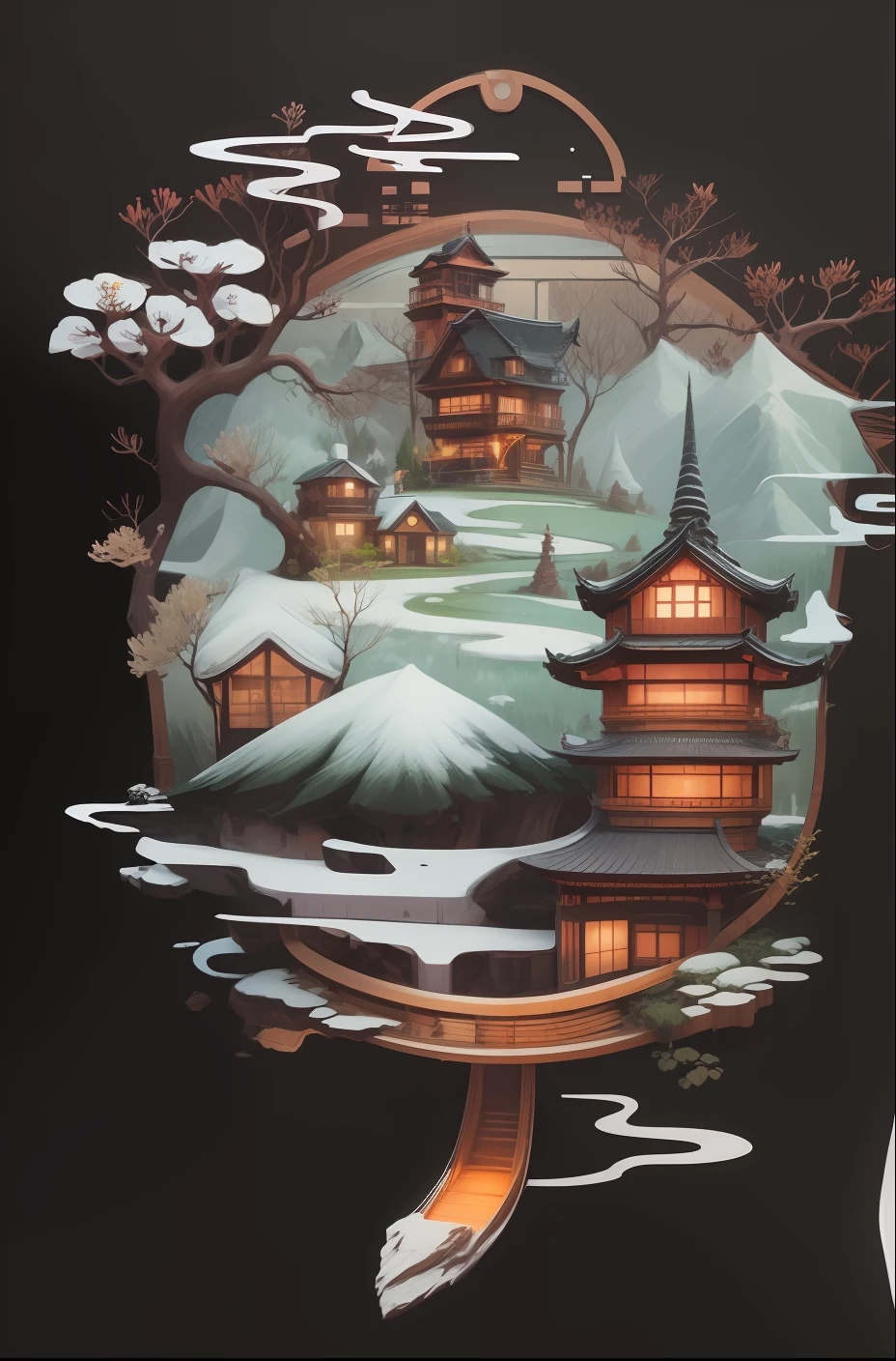 mountain, beautiful oriental model house, forest