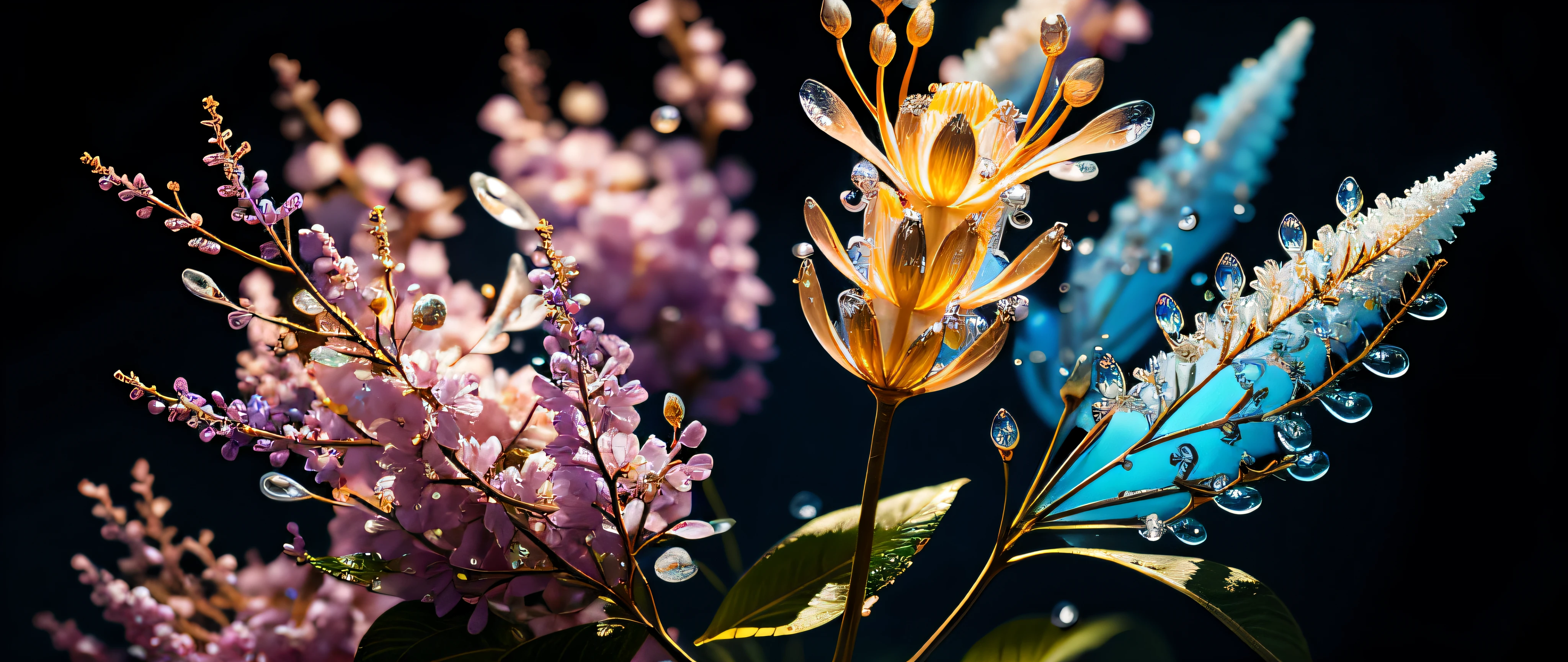 branch of delicate lilac flowers, super transparent, holy light, beautiful spectral light, petals glow, flashing, dark background, drops of transparent light, reflective light, bright, light streaming in, optics, portrait profile, sharp focus, magical, intricate, ultra realistic, fantasy, composition, light, trend on artstation, pearl, patronus cloud of silvery vapor, corrosive enveloping ray family, 8k, ureal ar 23v4 uplight