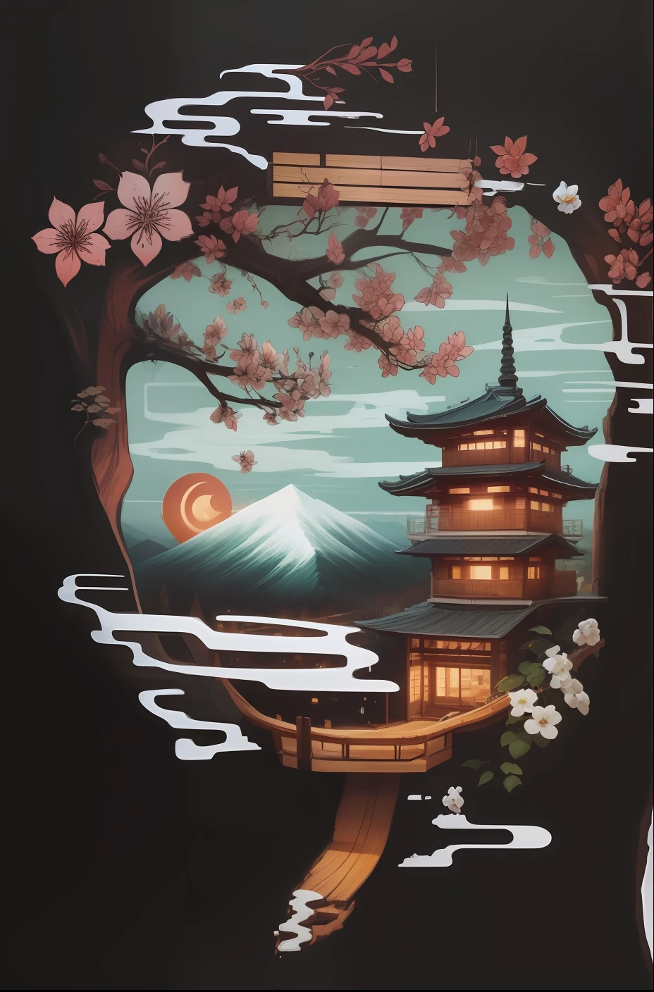mountain, beautiful oriental model house, forest