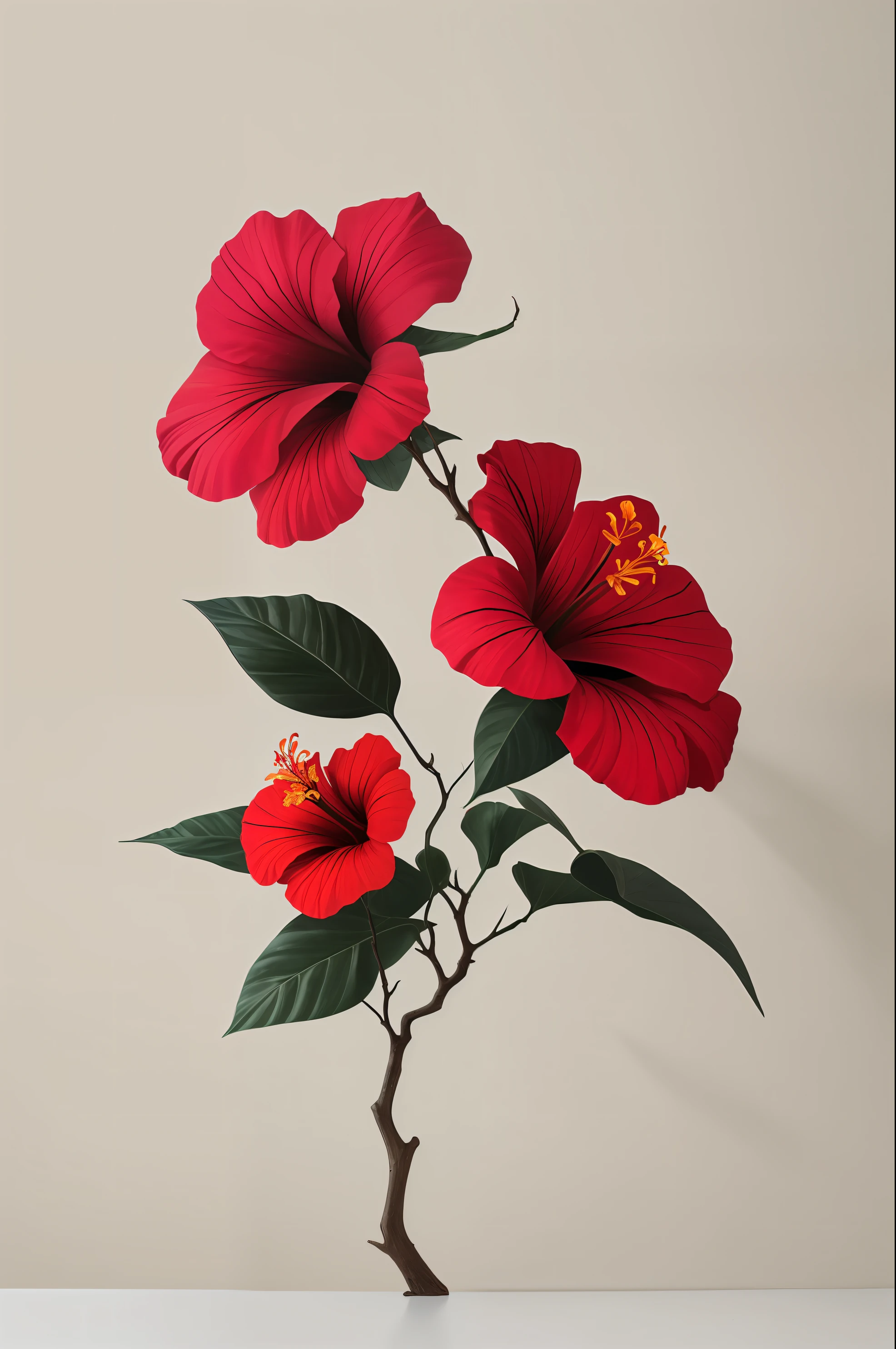 hibiscus flower blooming on a gnarled branch against a grey background, simple background, in the style of light orange and light beige, minimalist images, photography installations, paleocore, green and crimson, hyper-realistic, poetic intimacy