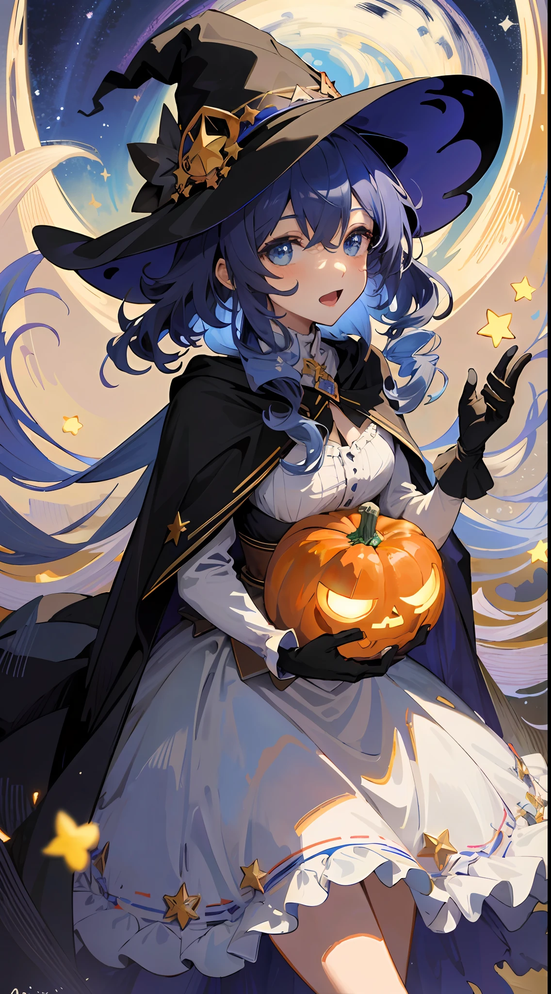 ((masterpiece:1.2, best quality)), 1girl, solo, (witch hat), a close up of a girl with curly hair, dress, aurora, night, star (sky), gloves, sky, dress, night sky, open mouth, starry sky, light blue eyes, ribbons, smile, cape, colorful hair, magic, casting spell, night, (impressionism:1.4), alphonse mucha, Halloween colors, colorful candy, magical lights, pumpkins, candies