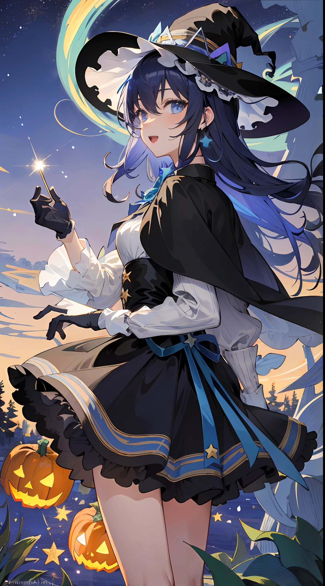 ((masterpiece:1.2, best quality)), 1girl, solo, (witch hat), a close up of a girl with curly hair, dress, aurora, night, star (sky), gloves, sky, dress, night sky, open mouth, starry sky, light blue eyes, ribbons, smile, cape, colorful hair, magic, casting spell, night, (impressionism:1.4), alphonse mucha, Halloween colors, colorful candy, magical lights, pumpkins, candies