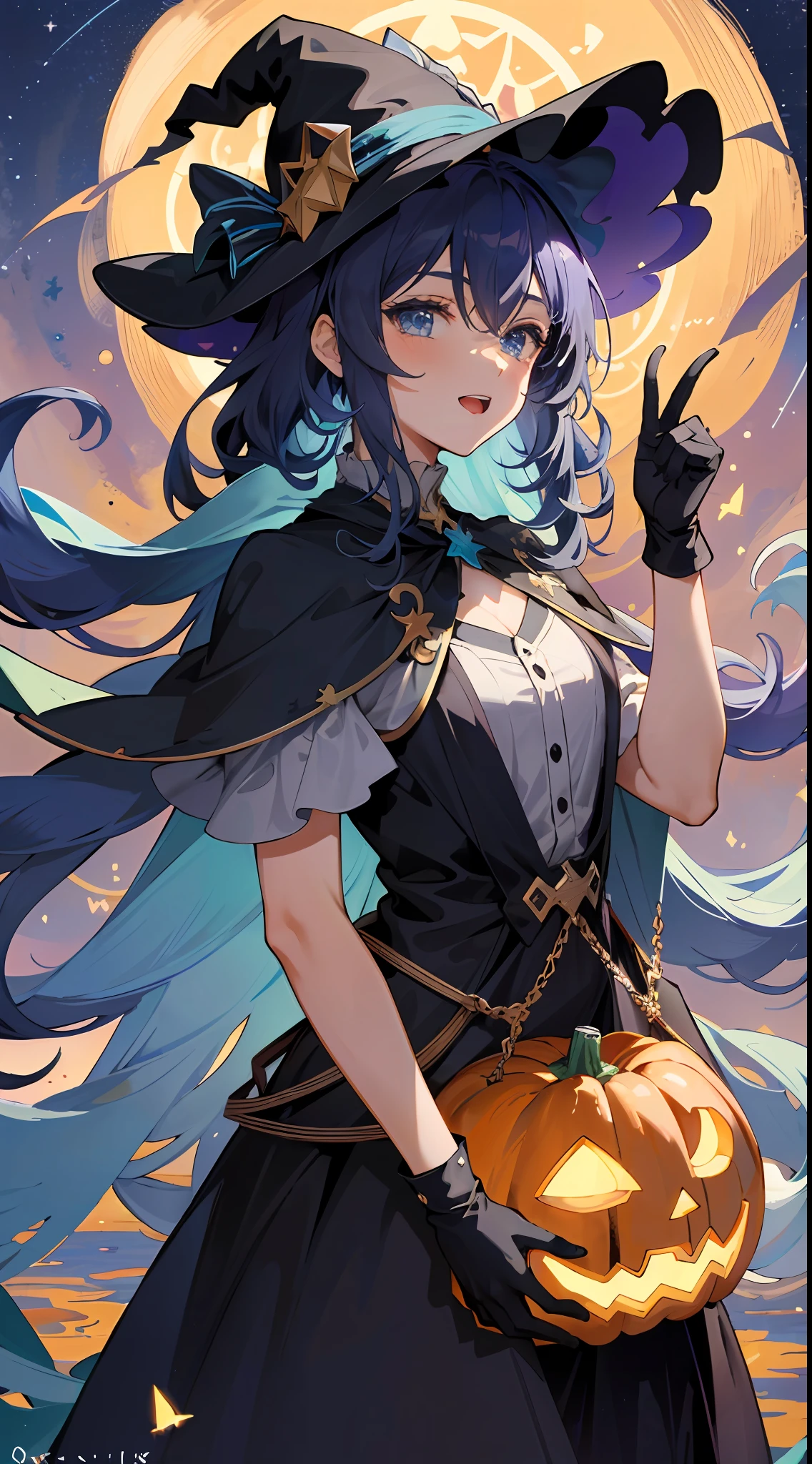 ((masterpiece:1.2, best quality)), 1girl, solo, (witch hat), a close up of a girl with curly hair, dress, aurora, night, star (sky), gloves, sky, dress, night sky, open mouth, starry sky, light blue eyes, ribbons, smile, cape, colorful hair, magic, casting spell, night, (impressionism:1.4), alphonse mucha, Halloween colors, colorful candy, magical lights, pumpkins, candies