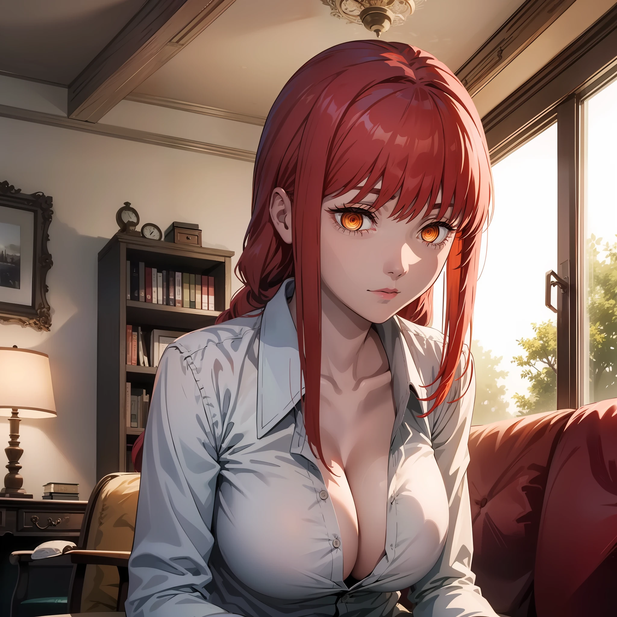 masterpiece, best quality, finely detailed, 1gir 1, (red hair), (bishoujo), cute, (orange eyes), (eyelashes), (huge breasts), (cleavage), (white shirt: 1. 2) , (open shirt), sitting on sofa, lamp, window, night, delicate interior design, makima, red-haired girl