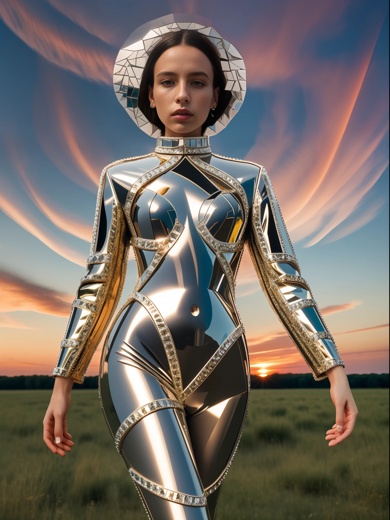 A captivating model in a suit of mirrored pieces, reflecting the environment around her. Shot in an ultra-wide angle for Harper's Bazaar, in an open field at sunrise. By Iris van Herpen  --ar 9:14 50 --style raw --s 2