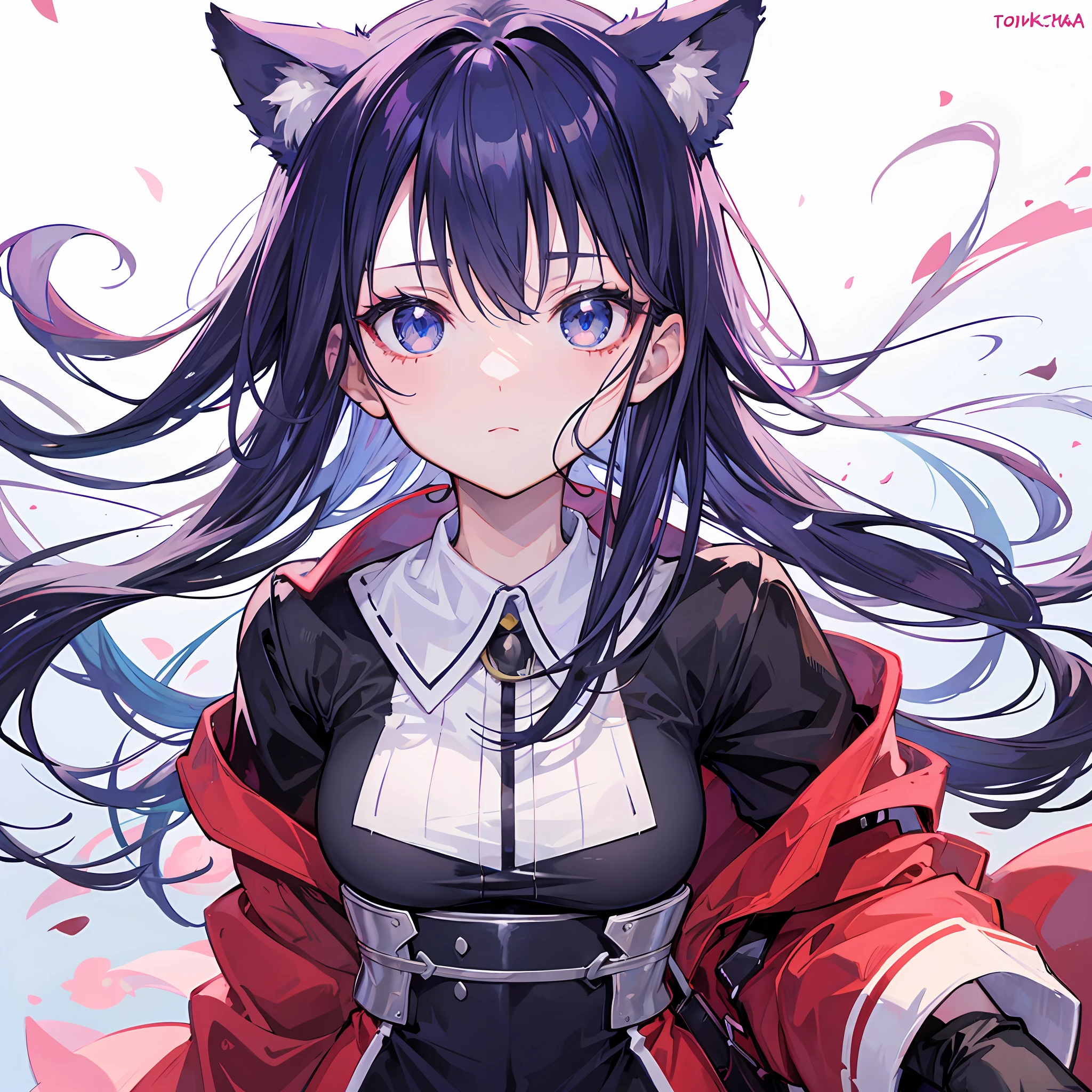 Best quality, 8K)) One woman anime girl with long hair and cat ears, Rin Tosaka, anime moe art style, anime style like Fate/stay night, anime girl with long hair, very cute anime girl face, nightcore, from the front line of girls, cute anime girl portrait, anime girl with cat ears, high quality anime art style, Beautiful anime woman Random pose