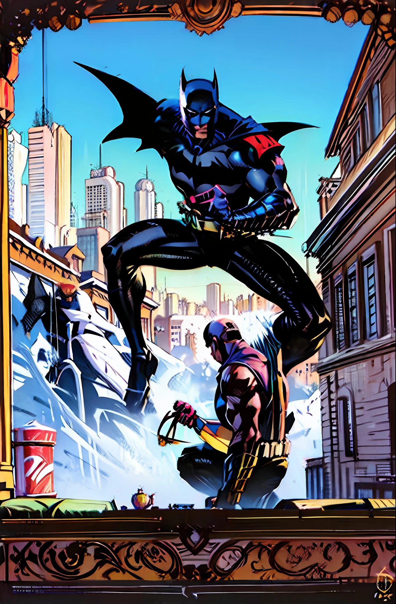 Batman anime scene against mortal Kombat scorpion in a courtyard with a pagoda in the background, digital painting concept art, illustration concept art, concept art for a video game, Rob Rey and Kentarõ Miura style, master study, Ismail Inceoglu and Ruan Jia, speedpainting, painted as a game concept art, concept art digital illustration, d & d digital painting