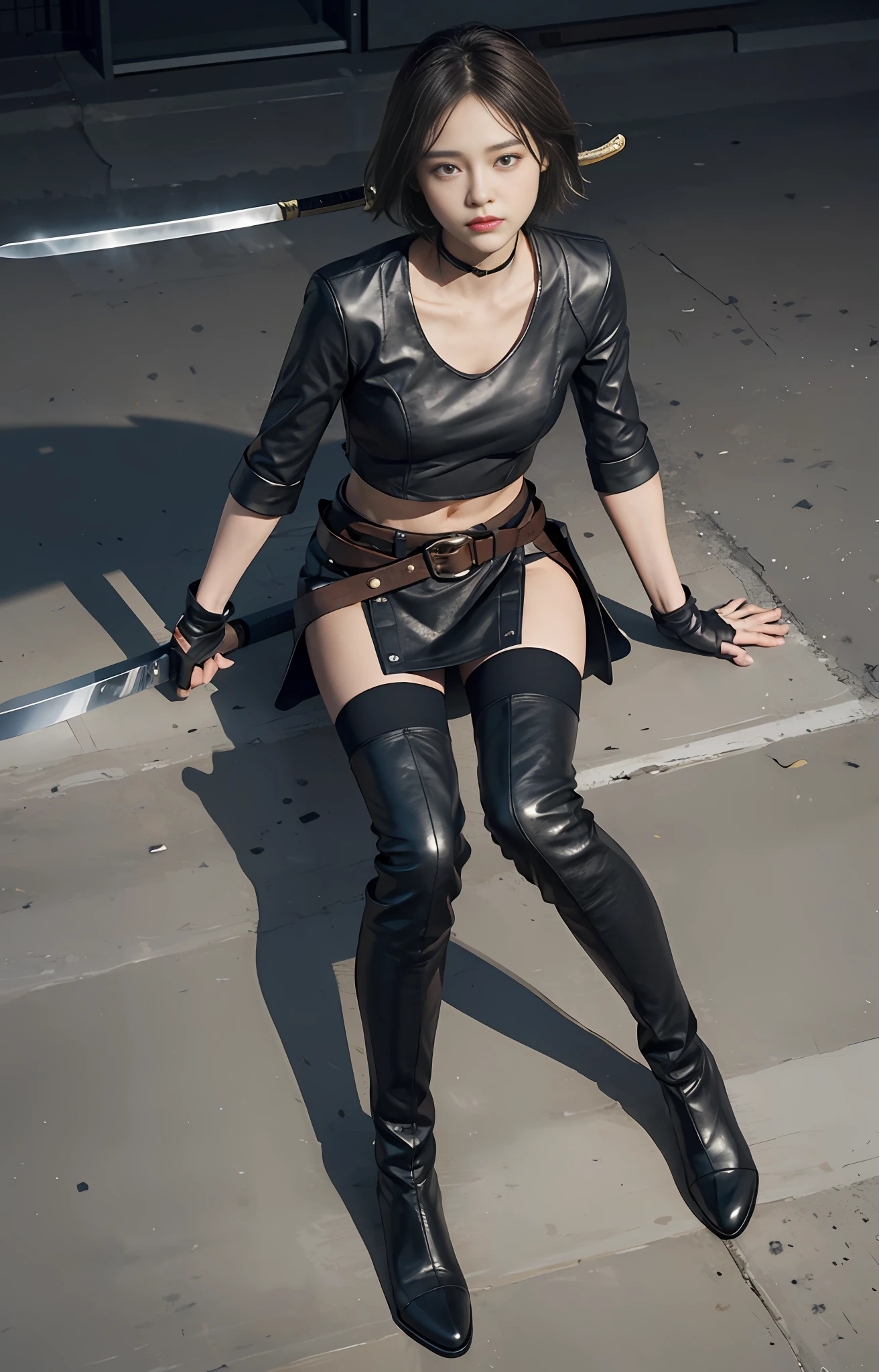 Official art, extremely detailed CG Unity 8k wallpaper, best quality, masterpiece, high resolution, beautiful girl ninja, short hair, black crop top leather armor, brown belt, scabbard on thigh, Japanese sword, leather gloves, black minileather skirt, black over-the-knee flat boots, tight leather suit, leather texture, full body photo, melon face, small face, fell to the ground, killed in battle, corpse, killed