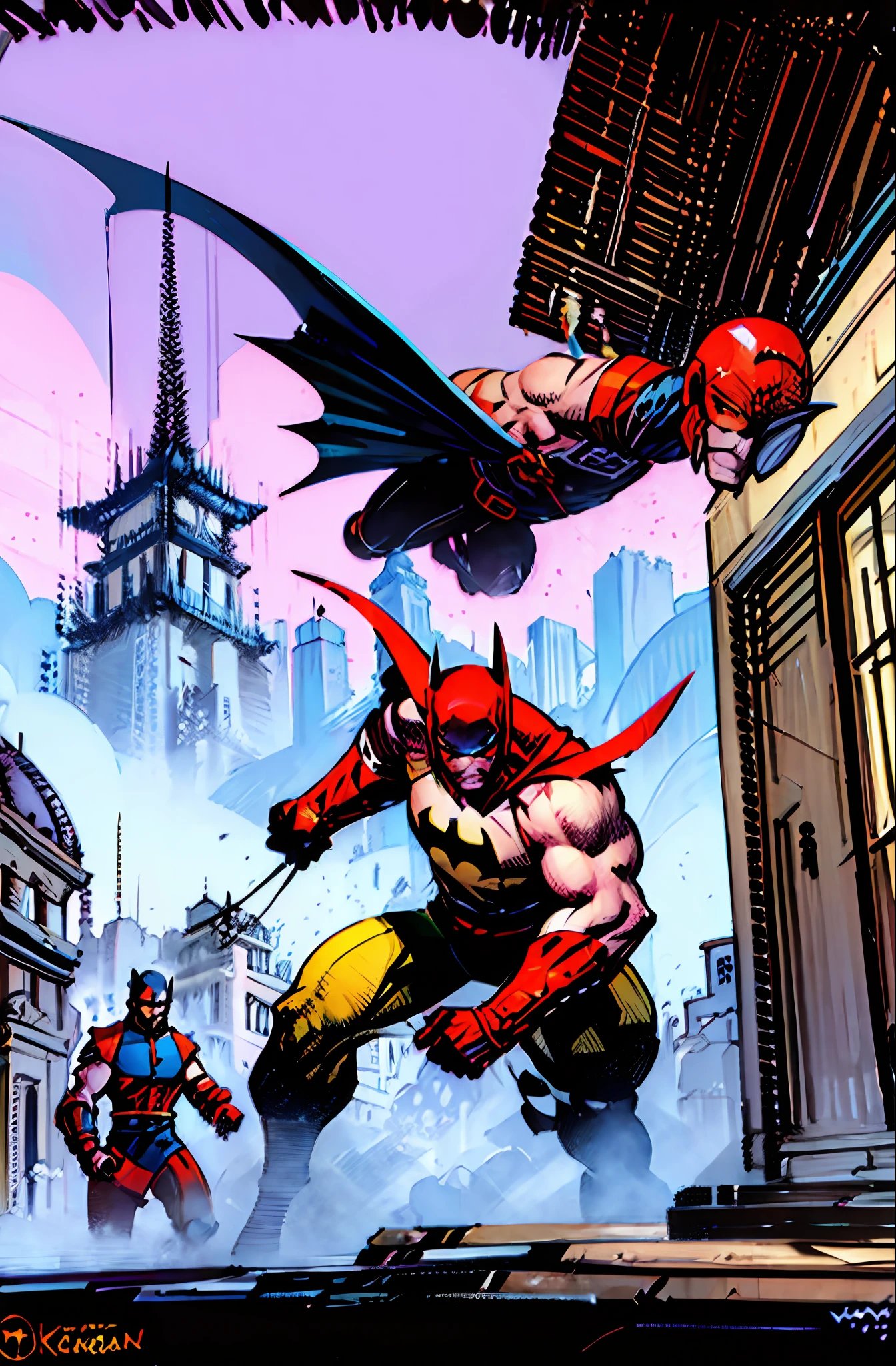 Batman anime scene against mortal Kombat scorpion in a courtyard with a pagoda in the background, digital painting concept art, illustration concept art, concept art for a video game, Rob Rey and Kentarõ Miura style, master study, Ismail Inceoglu and Ruan Jia, speedpainting, painted as a game concept art, concept art digital illustration, d & d digital painting