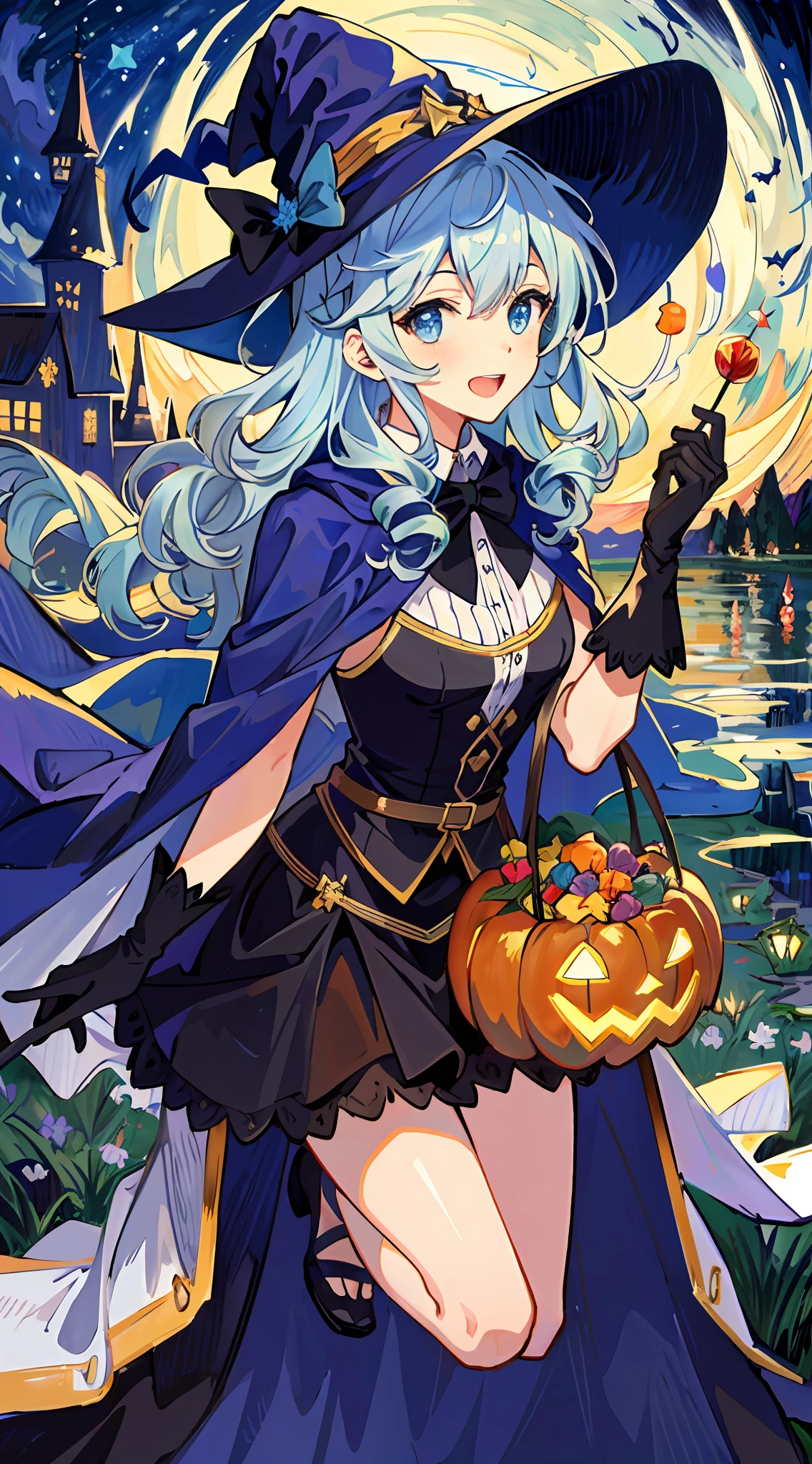 ((masterpiece:1.2, best quality)), 1girl, solo, (witch hat), a close up of a girl with curly hair, dress, aurora, night, star (sky), gloves, sky, dress, night sky, open mouth, starry sky, light blue eyes, ribbons, smile, cape, colorful hair, magic, casting spell, night, (impressionism:1.4), alphonse mucha, Halloween colors, colorful candy, magical lights, pumpkins, candies