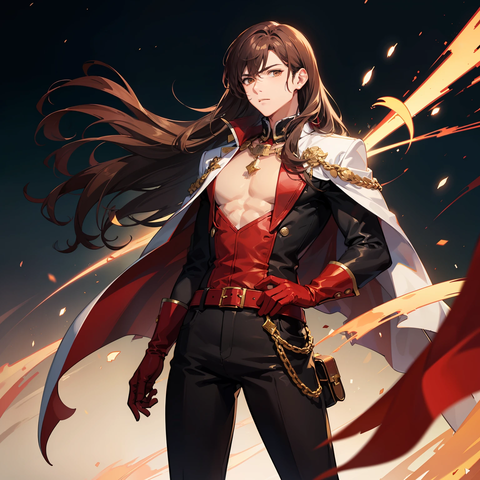 man big hair, brown hair, straight hair, slim body, big red gloves, black pants, red pants superimposed, red belt with yellow stars, artwork, no shirt, white cape on shoulder