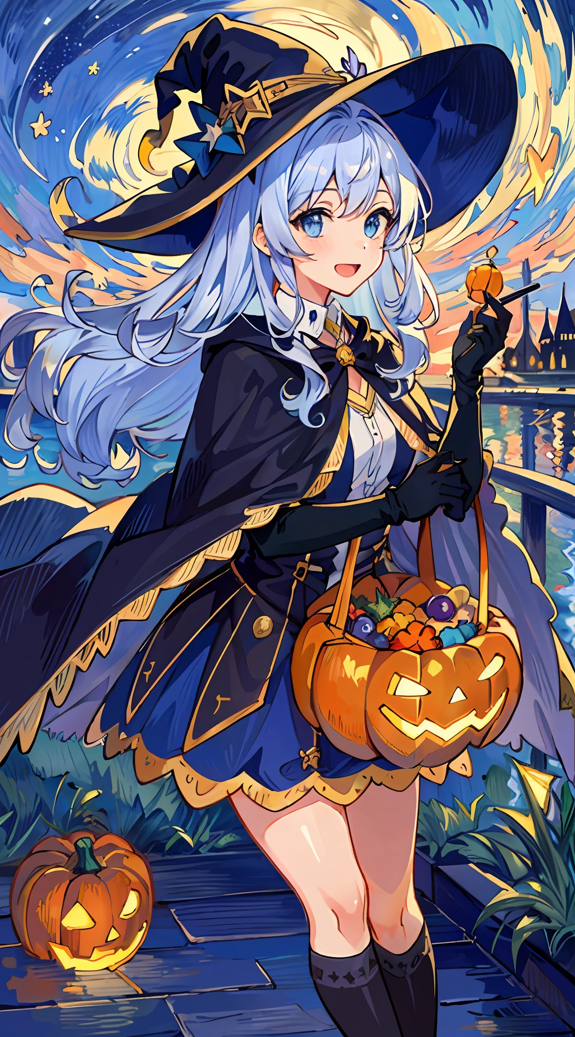 ((masterpiece:1.2, best quality)), 1girl, solo, (witch hat), a close up of a girl with curly hair, dress, aurora, night, star (sky), gloves, sky, dress, night sky, open mouth, starry sky, light blue eyes, ribbons, smile, cape, colorful hair, magic, casting spell, night, (impressionism:1.4), alphonse mucha, Halloween colors, colorful candy, magical lights, pumpkins, candies