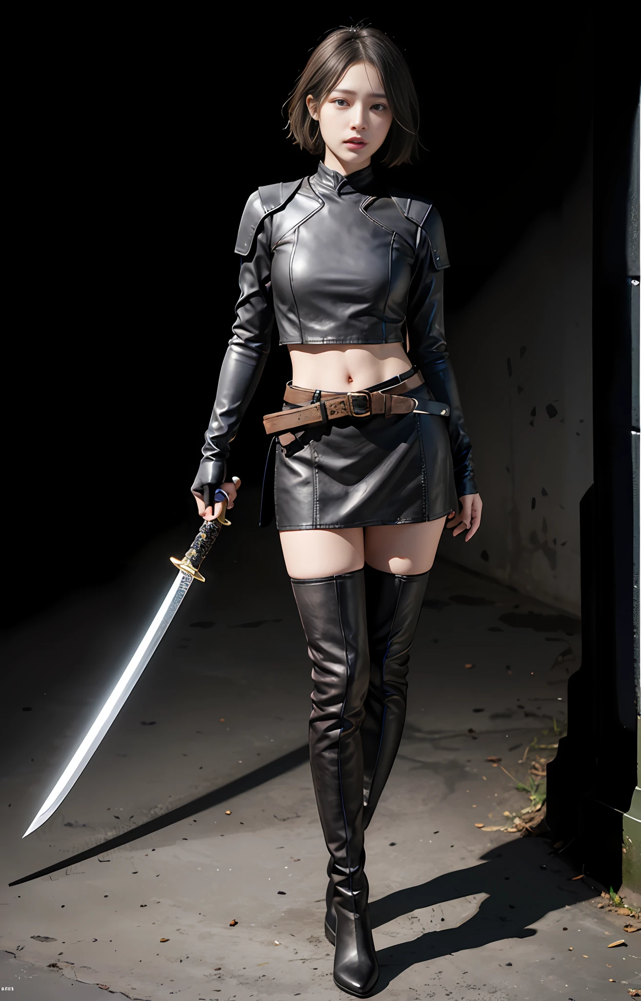 Official art, extremely detailed CG Unity 8k wallpaper, best quality, masterpiece, high resolution, beautiful girl ninja, short hair, black crop top leather armor, brown belt, scabbard on thigh, Japanese sword, leather gloves, black minileather skirt, black over-the-knee flat boots, tight leather suit, leather texture, full body photo, melon face, small face, fell to the ground, leaking out of the bottom of the skirt