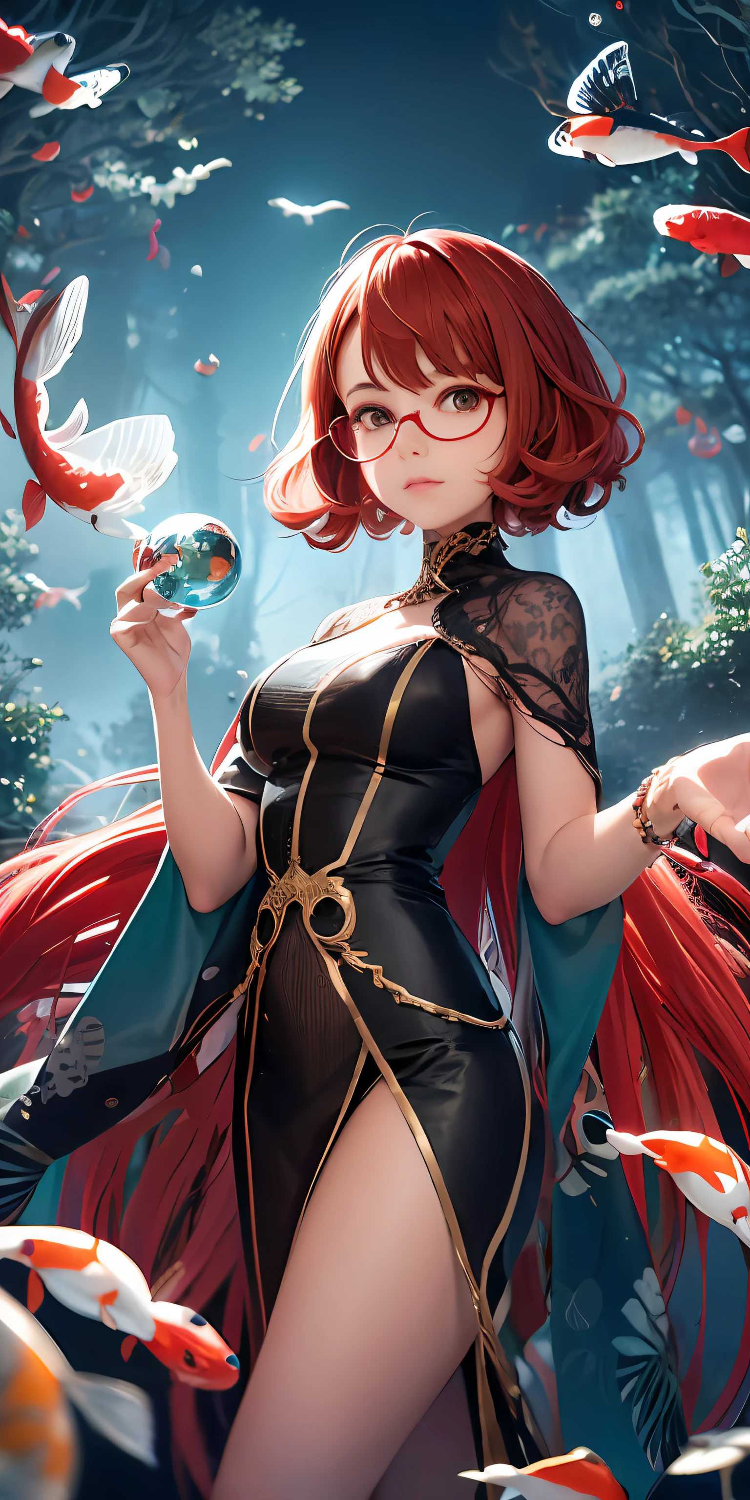 a girl with very long curly red hair, with ((round red glasses), looking towards the camera, with a cristal sphere in her hand, in a dark fantasy forest, with flying koi fishes flying around her. tim burton style