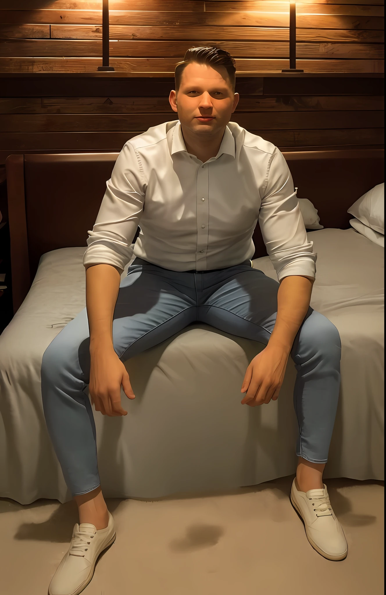 slawomir mentzen 1boy man, best quality, masterpiece, photorealistic photorealistic, interior, shirt, cinematic lighting, sitting on bed