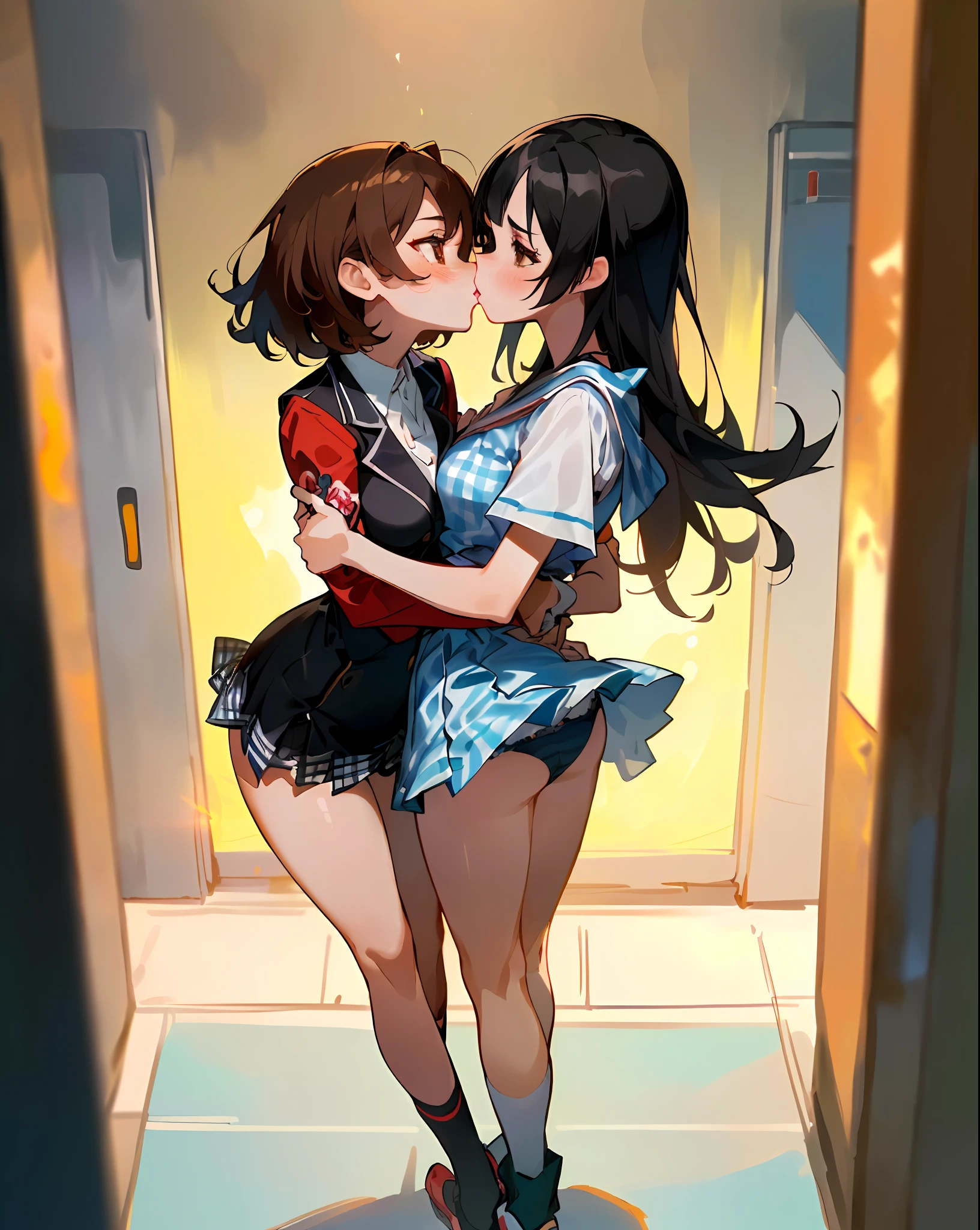 master-piece,hyper quality, hyper detailed,perfect drawing,high-resolution,2 Japan idols, gingham check miniskirt, gingham check vest on bare skin ((flipping up the miniskirt)), ((( panties in full view)), lovers, staring at each other from the front, (((kiss))(((French Kiss))) hugging each other's breasts pressed against each other, staring at each other, moist eyes, half-open lips, beautiful, blush (0.2), sensual, seduction, ecstasy, indulgence, bust up, forward light, , shot from the front diagonally below, precise drawing, detailed drawing, accurate human structure, locker room, beautiful background, (embarrassing: 1.6), (blush: 1.0), (Kazumi Mishima: 1.3), (masterpiece: 1.2), (photorealistic: 1.4), (Ortsang-6500: 1.0), 4K, ultra, (1 girl: 1.2), solo, (fine eyes, fine face: 1.5), ( Red eye makeup: 1.0), (ultra-fine and beautiful: 1.1), colorful, (gloss_skin: 0.8), fair skin, glow eye, blush, glossy lips, full body, slender waist, standing, brown eyes, black hair