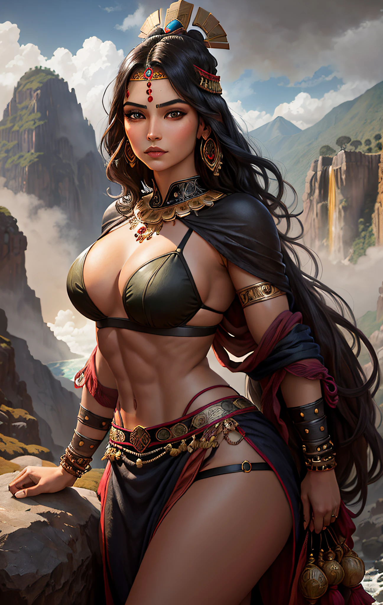 ((realistic: 1.5)),((best quality)), ((masterpiece)),((detailed)), (1 Peruvian girl), {a beautiful Inca woman wearing, (upper body:1.3),super wide-angle lens,facial focus, mature, sexy, toned muscles, long legs, curves, barefoot, medium breasts, Inca costume, sagging breasts, thick thighs, wide hips, thin legs, dark eyes, long black hair, floating hair, long eyelashes,  (detailed face, beautiful eye, detailed pupils, detailed characteristics of Inca clothing, light background: 1.3), (Bindi, Jhumkas: 1.3), (Armlet, Haar, Payal, Maang Tikka, Jhumkas, Kamarband, Bracelets: 1.3), mysterious ancient Inca ruin, lush forests, deep canyons, bridge, river, cliff, cloud, lakes, rock, waterfalls, flowers, grass, fog, vine, tree, smoke, best shadow, bright details, sharp, perfect composition, intricate, intricate,  sharp, dramatic focus, by Frank Frazetta, by Julie Bell, by Olivia De Berardinis, by Luis Royo, by Boris Vallejo, (specular lighting: 1.3),edge light, Inca landscape,