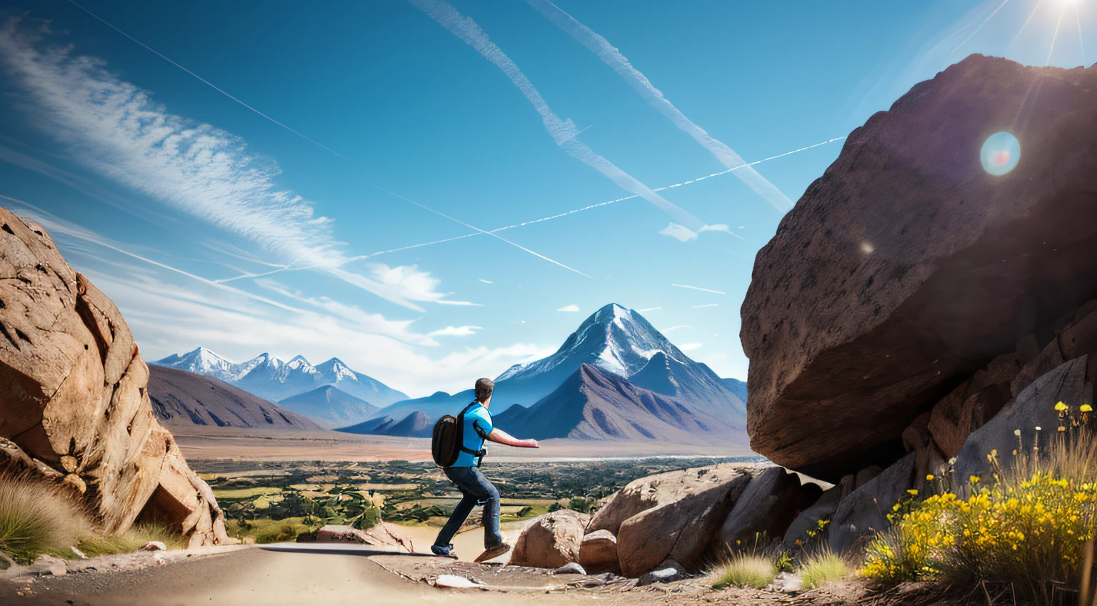 Realistic photo of a man tripping over a small rock, background mountains and blue sky, image size 9:16, quality 8k --auto