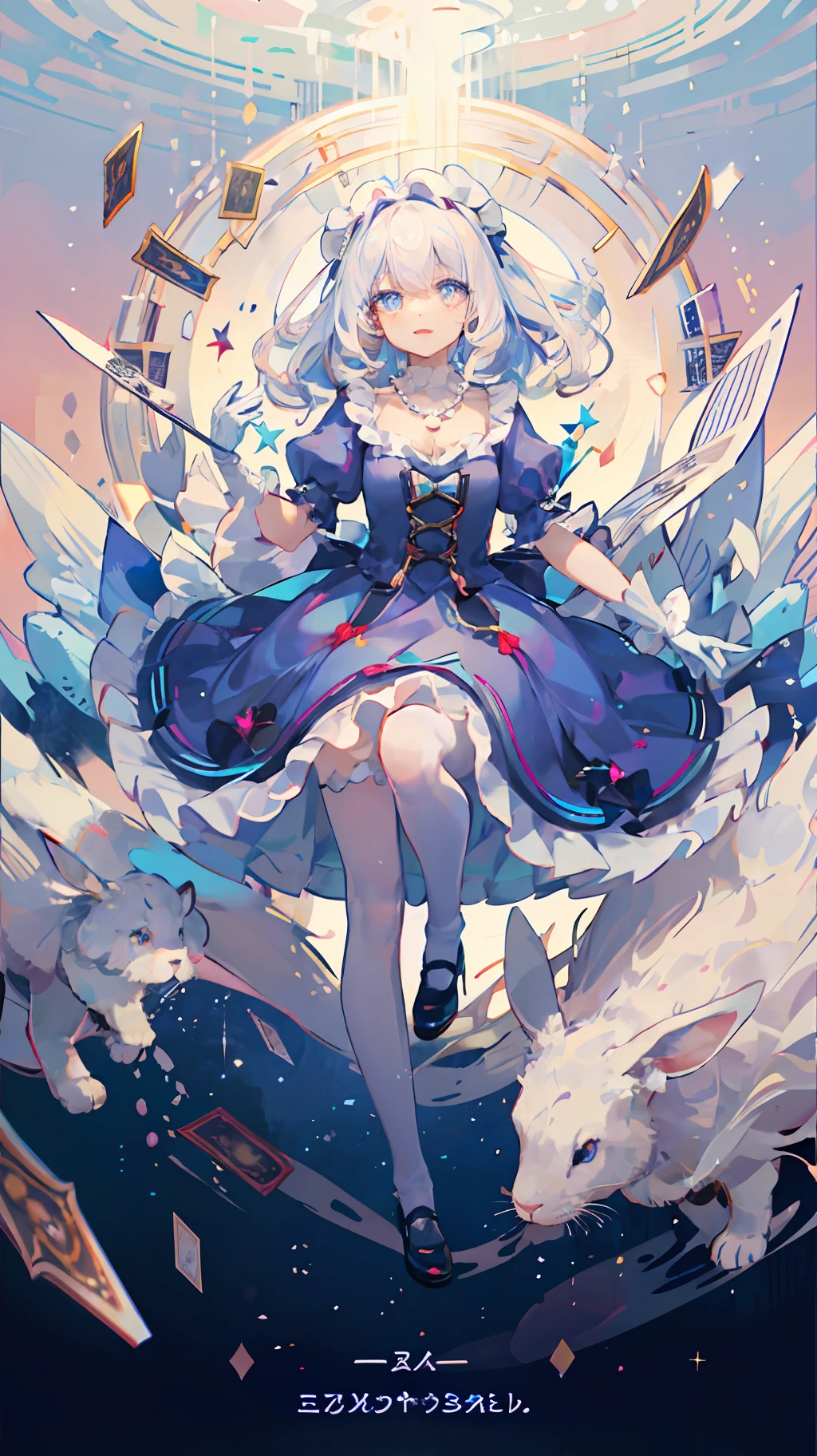 (Beautiful Detailed Eyes), Movie Lighting, White Hair, Blue Eyes, Long Blonde Hair, Curly Hair, Roman Curls, Puff Sleeves, Frills, Glowing Eyes, (Illuminated Particles), Cloudy Wrapper, Alice in Wonderland, Blue Eyes, Light Blue Dress, Cane, Dramatic Composition, Extreme Detail, High Resolution, Mr. Rabbit, White Rabbit, Pocket Watch, Playing Cards Flying in the Air, Lolita Dress, Blue and White Striped Stockings, Bow, Look at the Camera, Socks with Frills, Pearl Necklace, Lace Gloves, Large Bow Headdress, Ribbon, Jumping, falling, levitating, cloudy, starry, dreamy