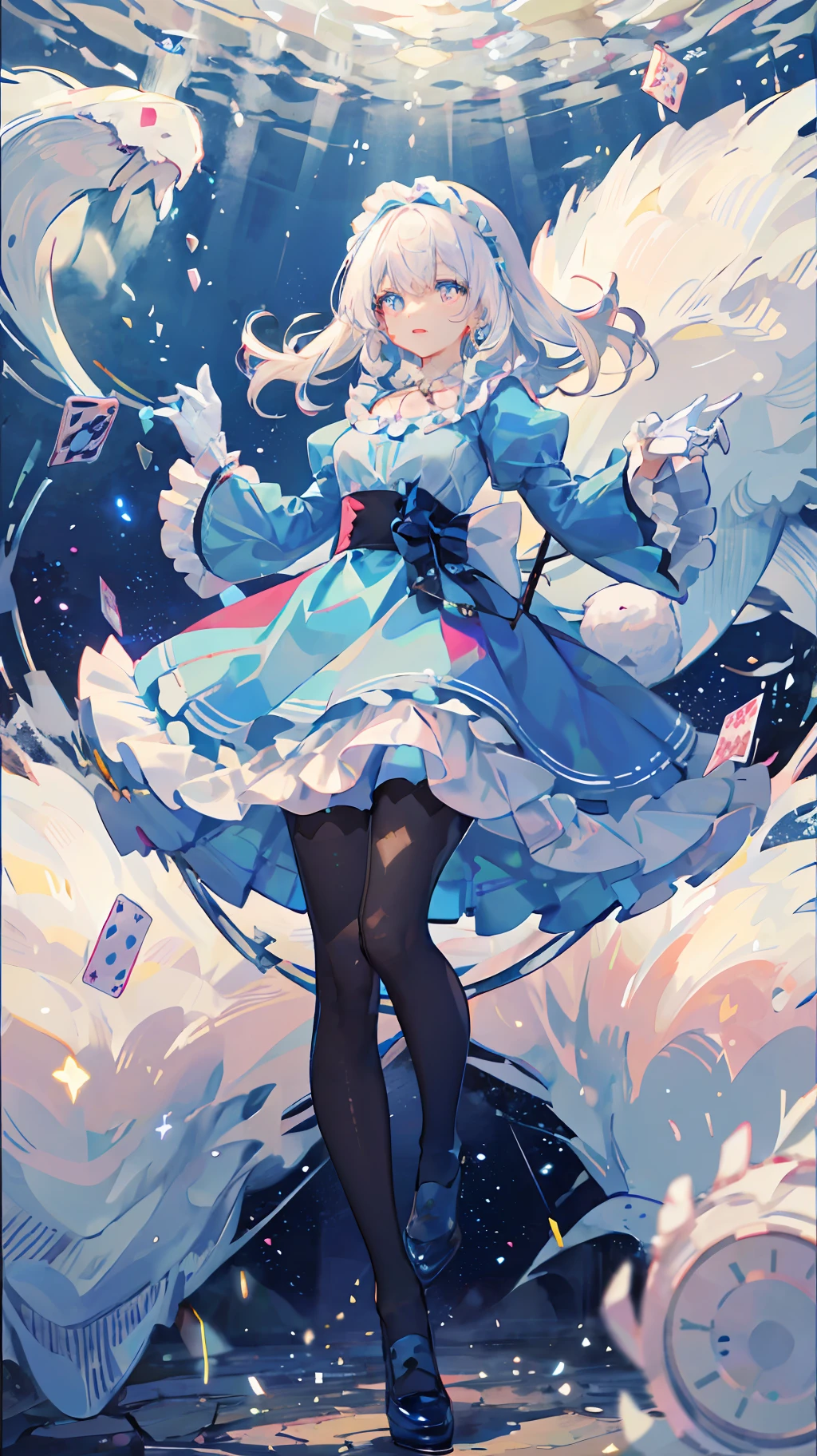 (Beautiful Detailed Eyes), Movie Lighting, White Hair, Blue Eyes, Long Blonde Hair, Curly Hair, Roman Curls, Puff Sleeves, Frills, Glowing Eyes, (Illuminated Particles), Cloudy Wrapper, Alice in Wonderland, Blue Eyes, Light Blue Dress, Cane, Dramatic Composition, Extreme Detail, High Resolution, Mr. Rabbit, White Rabbit, Pocket Watch, Playing Cards Flying in the Air, Lolita Dress, Blue and White Striped Stockings, Bow, Look at the Camera, Socks with Frills, Pearl Necklace, Lace Gloves, Large Bow Headdress, Ribbon, Jumping, falling, levitating, cloudy, starry, dreamy