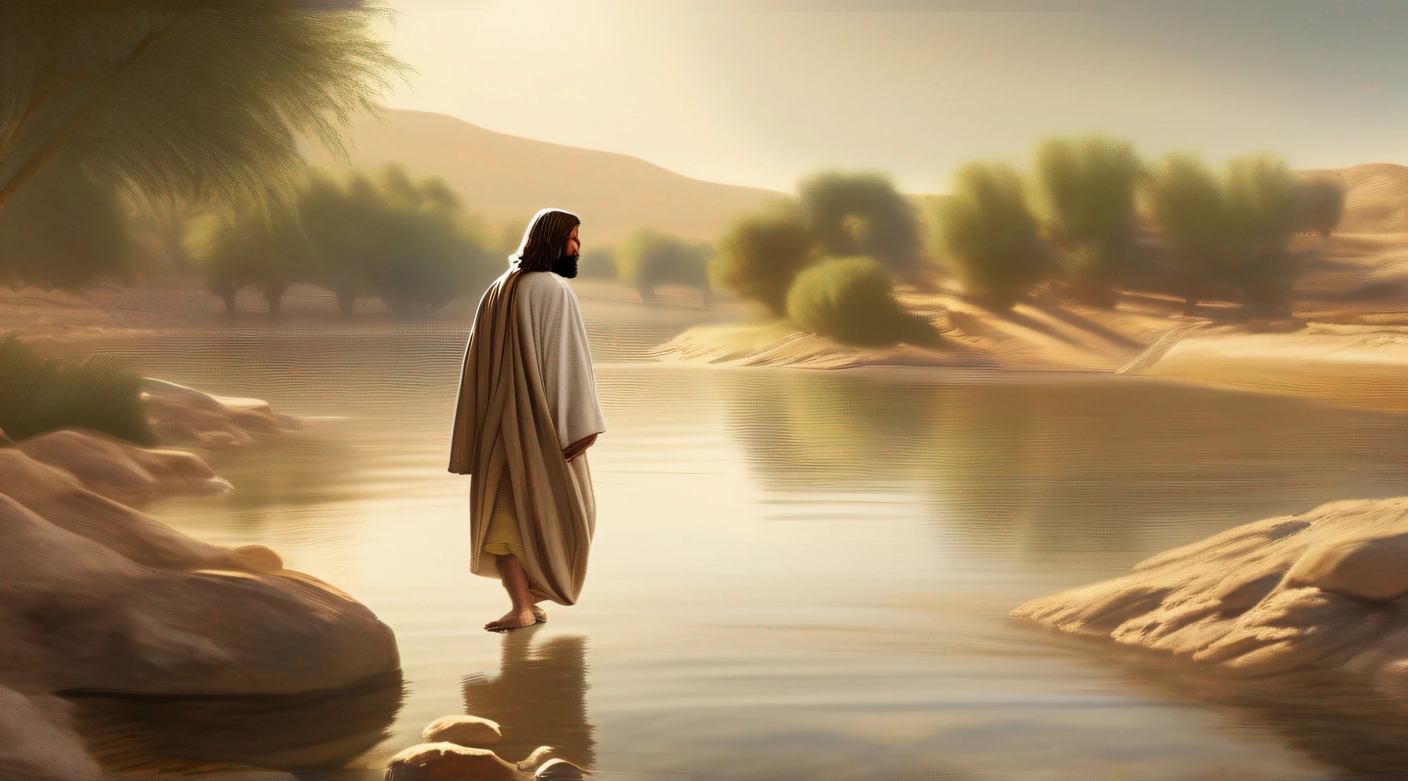 Jesus walking on the bank of the Jordan River, realistic, detailed image, masterpiece, --Air 16:9