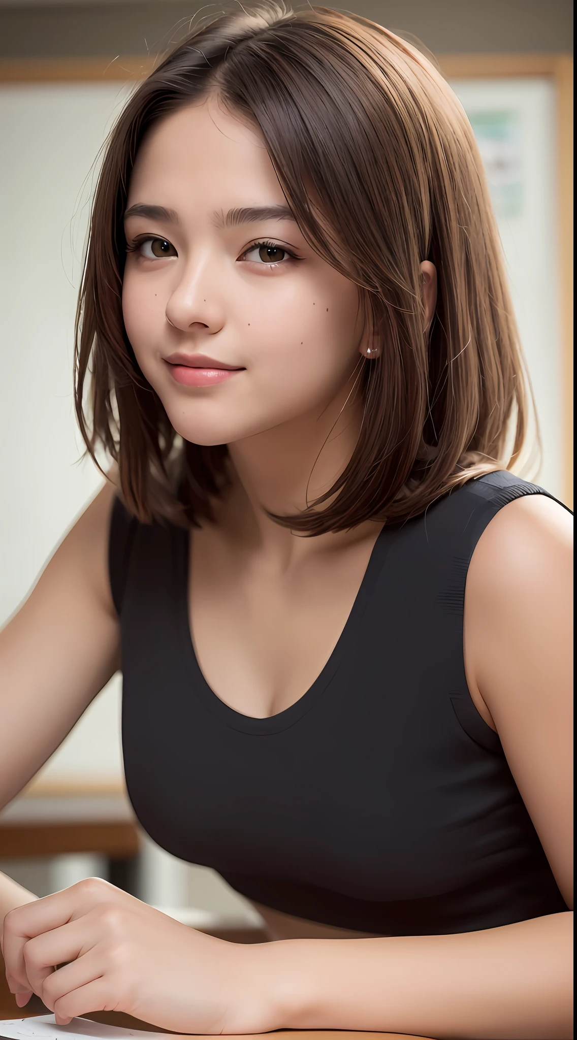 (8k, RAW photos, best quality, high resolution: 1.1), (ultra-realistic: 1.4), (realistic, photorealistic: 1.3), soft light, girl, , Japan, realistic face, realistic body, realistic skin, , absurdity, masterpiece, (cute: 1.8), cuties, solo, (camisole: 1.2), detailed black eyes, innocent eyes, cheeks, (cleavage: 1.2), Cinema Light, Film Grain, Short Hair, ((Big: 1.1)), Cherry Colored Lips, Close-up, Look Viewer, Upper Body, Open Lips, Top Teeth, (Smiling Eyes: 0.6), ((grinning: 1.2)), Depth of Field, Blurred Background, Eye Focus, Bokeh, Studying, School Classroom, 85mm Lens, f/1.4, Professional Lighting, Young, Portrait, Photon mapping, radiosity, and physically based rendering
