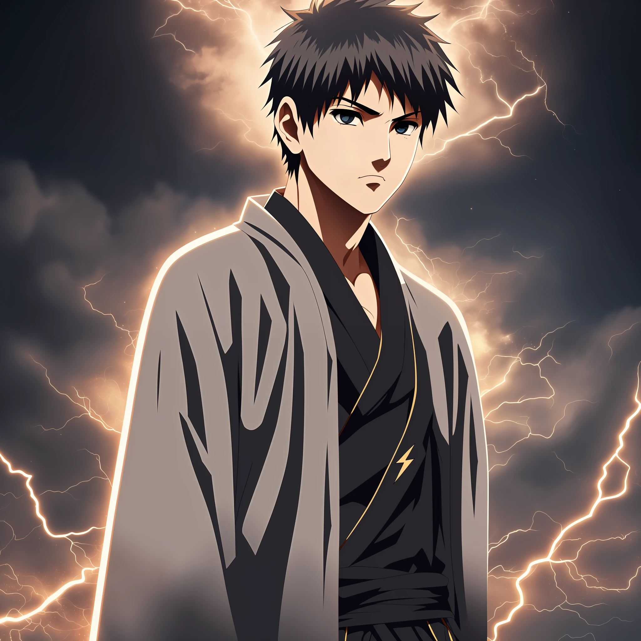 1boy, grey kimono with blood, short black hair, short blonde hair, black eyes, looking forward, front, dark background, clean design, hyper detailed intricate details, 8k resolution, deviantart masterpiece, heavy strokes, lightning magic, anime strokes