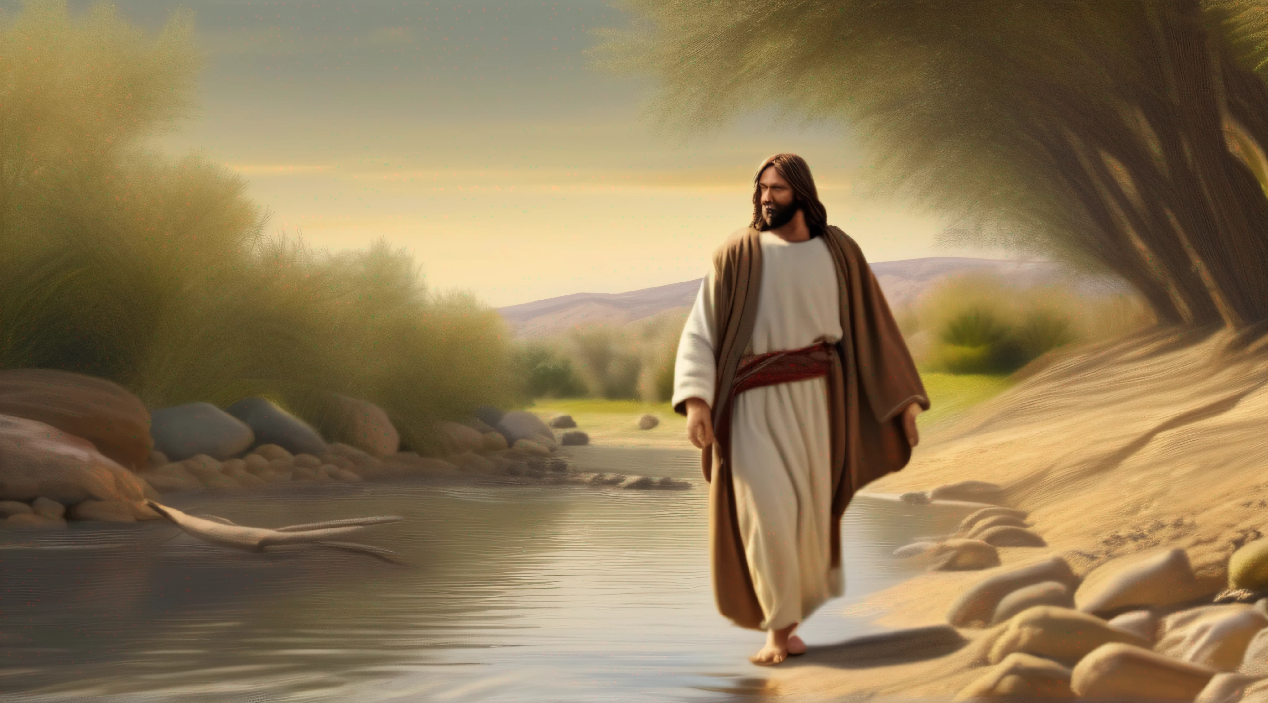 Jesus walking on the bank of the Jordan River, realistic, detailed image, masterpiece, --Air 16:9