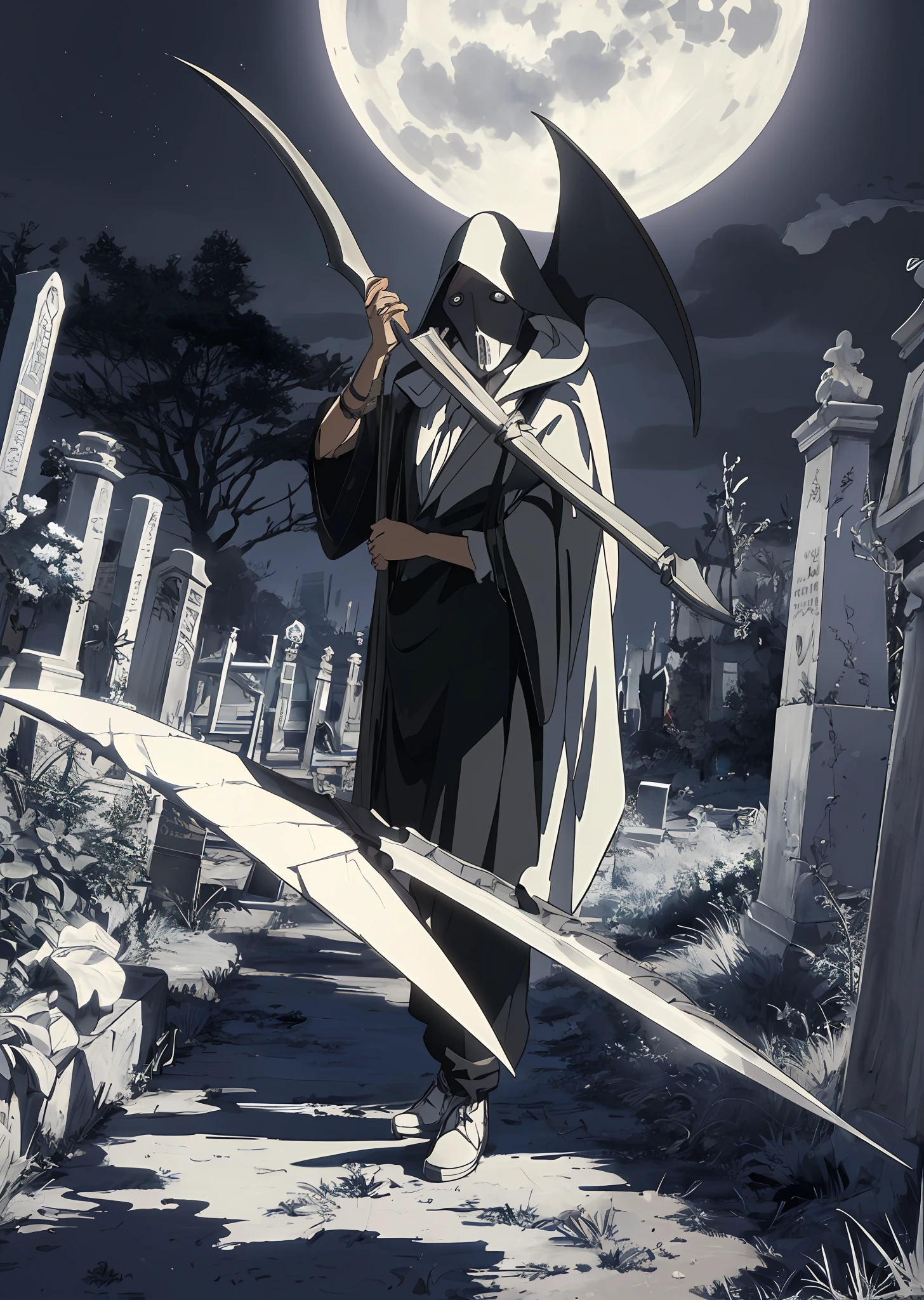 (masterpiece, best quality, ultra-detailed illustration) 
(Izuku Midoriya as the Grim Reaper, dressed in plague doctor's clothes, wielding a scythe) 
(in a cemetery under the crimson moonlight)