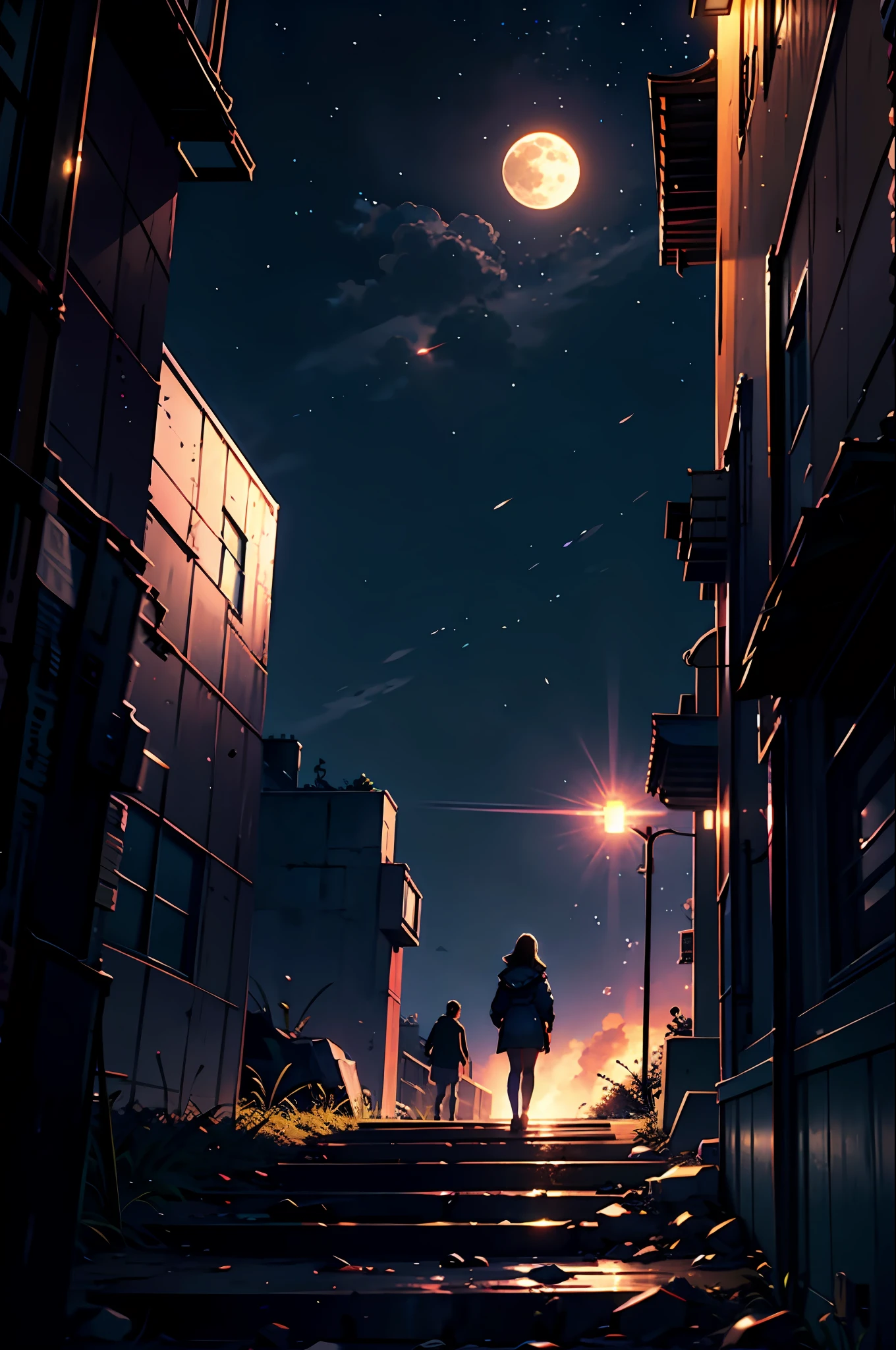 expansive landscape photography, (a view from below that shows the sky above and the open field below), a girl standing in a destroyed cyberpunk city looking up, (full moon: 1.2), (shooting stars: 0.9), (nebula: 1.3), distant mountain, Mystical crystal BREAK production art, (hot light source: 1.2), (Firefly: 1.2), lamp, very purple and blue, complex details, volumetric lighting BREAK (masterpiece: 1.2), (best quality), 4k, ultra-detailed, (dynamic composition: 1.4), highly detailed color details (iridescent colors: 1.2), (bright lighting, atmospheric lighting), dreamy, magical, (solo: 1.2)