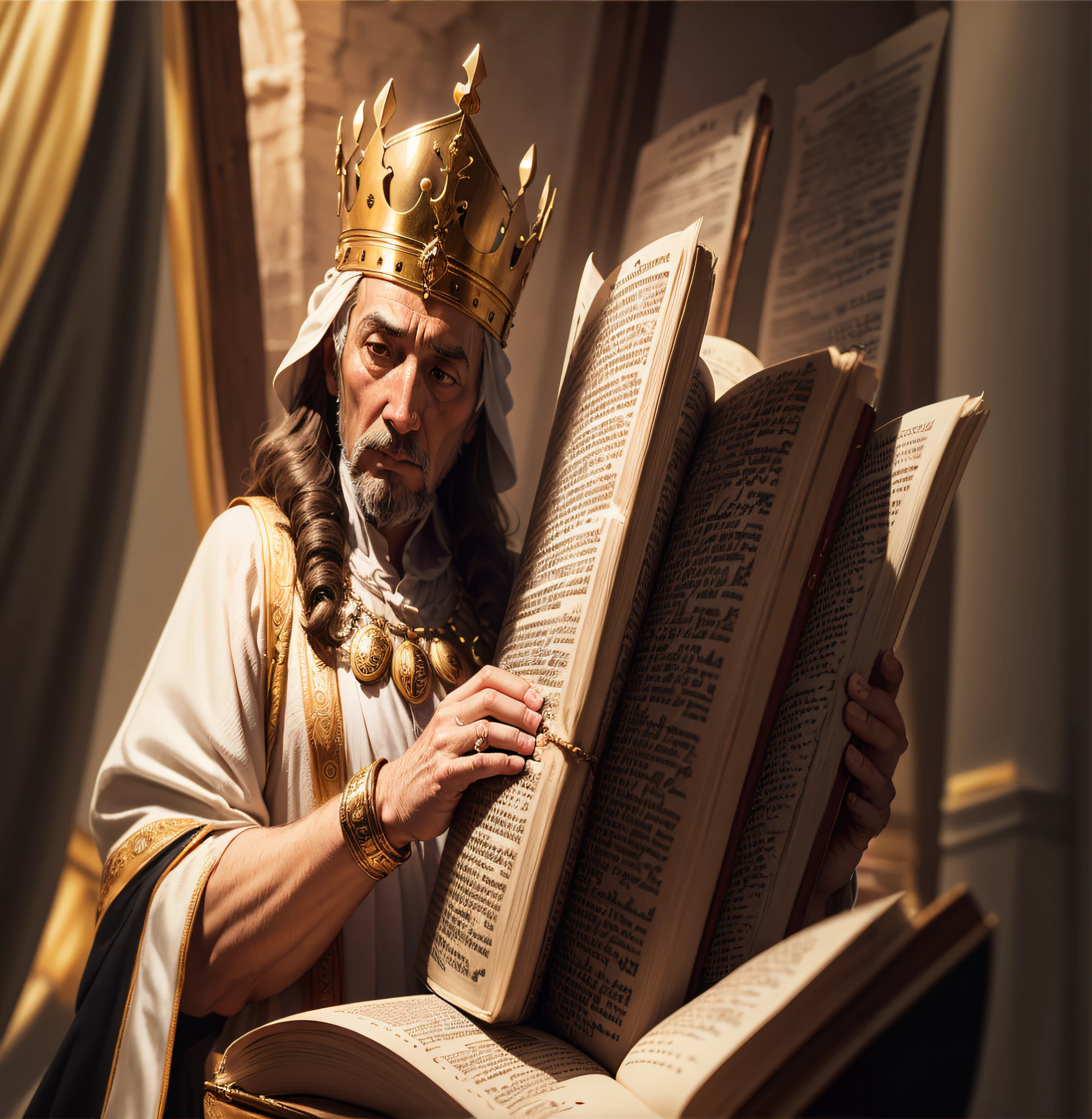 arafed man in a crown holding a book with a crown on top of it, medieval old king, portrait of a medieval old king, portrait of medieval old king, granting him a noble title, richard iv the roman king photo, majesty in noble clothes, he is holding a large book, ancient kings in white robes