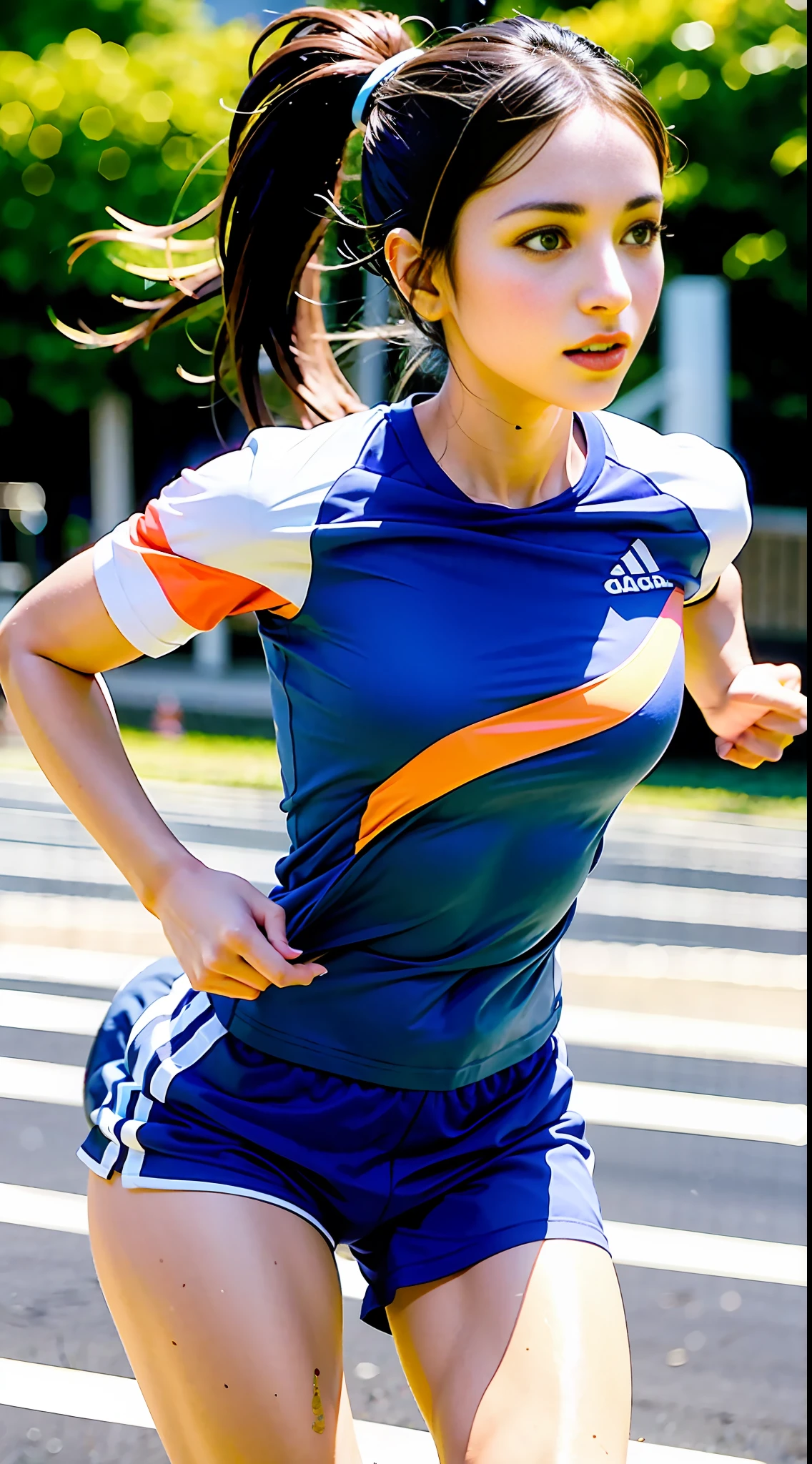 1 pakistani 20 year old girl, beautiful face, beautiful eyes, beautiful body, shorts, super sexy, solo, running, Gray Track Top, pink shorts, ponytail, athletic build, dynamic brushstrokes, fluid movement, capturing the essence of her athleticism and energy, using light colors and soft tones to create a dreamy and ethereal atmosphere, portraying the motion and grace of running, showing the wind blowing her ponytail and clothes, and the scenery of her surroundings.

outdoors, detailed background, Modern metropolis,