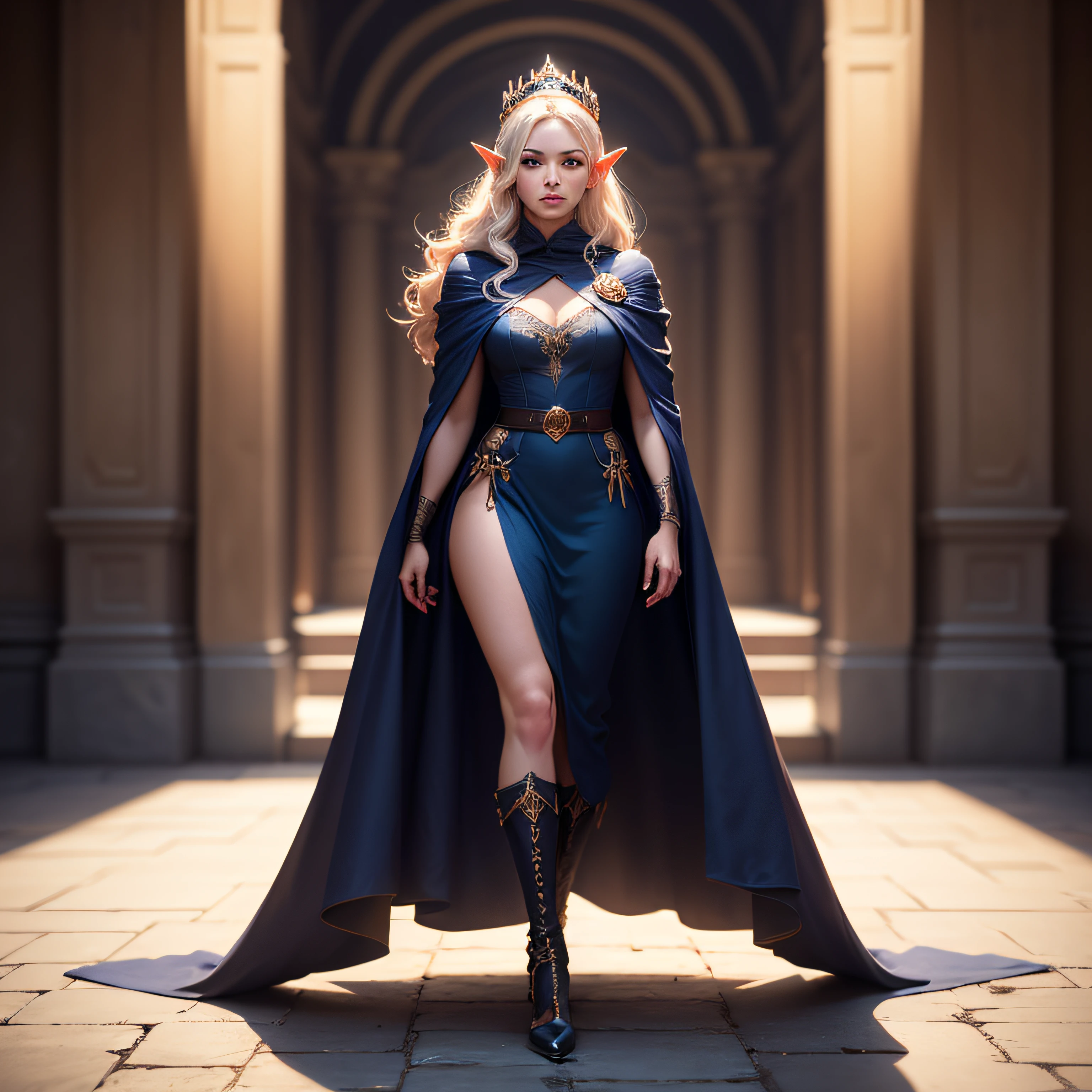 Woman with a tiara on her head and a navy blue winter cloak, winter queen, elf princess, portrait of an elf queen, elf queen, winter princess, an elf queen, artgerm in artstation pixiv, beautiful and elegant elf queen, ig model | artgerm, :: rossdraws, artwork in the style of guweiz, extremely detailed artgerm. full body, detailed background of a castle, hyper detailed, detailed face, sincere POV photo, by lee jeffries, nikon d850, film stock photography,4 kodak portra 400, f1.6 camera lens, rich colors, hyper realistic, realistic texture, dramatic lighting, cinestill 800, --auto