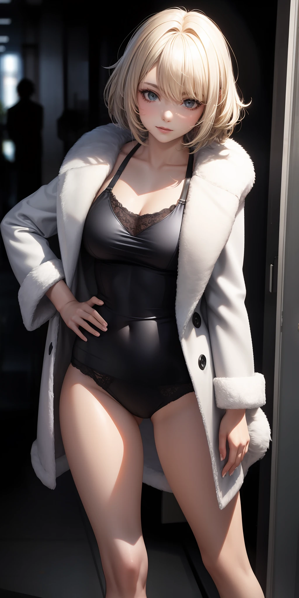 Shaggy fur coat, adult woman, underwear, platinum blonde