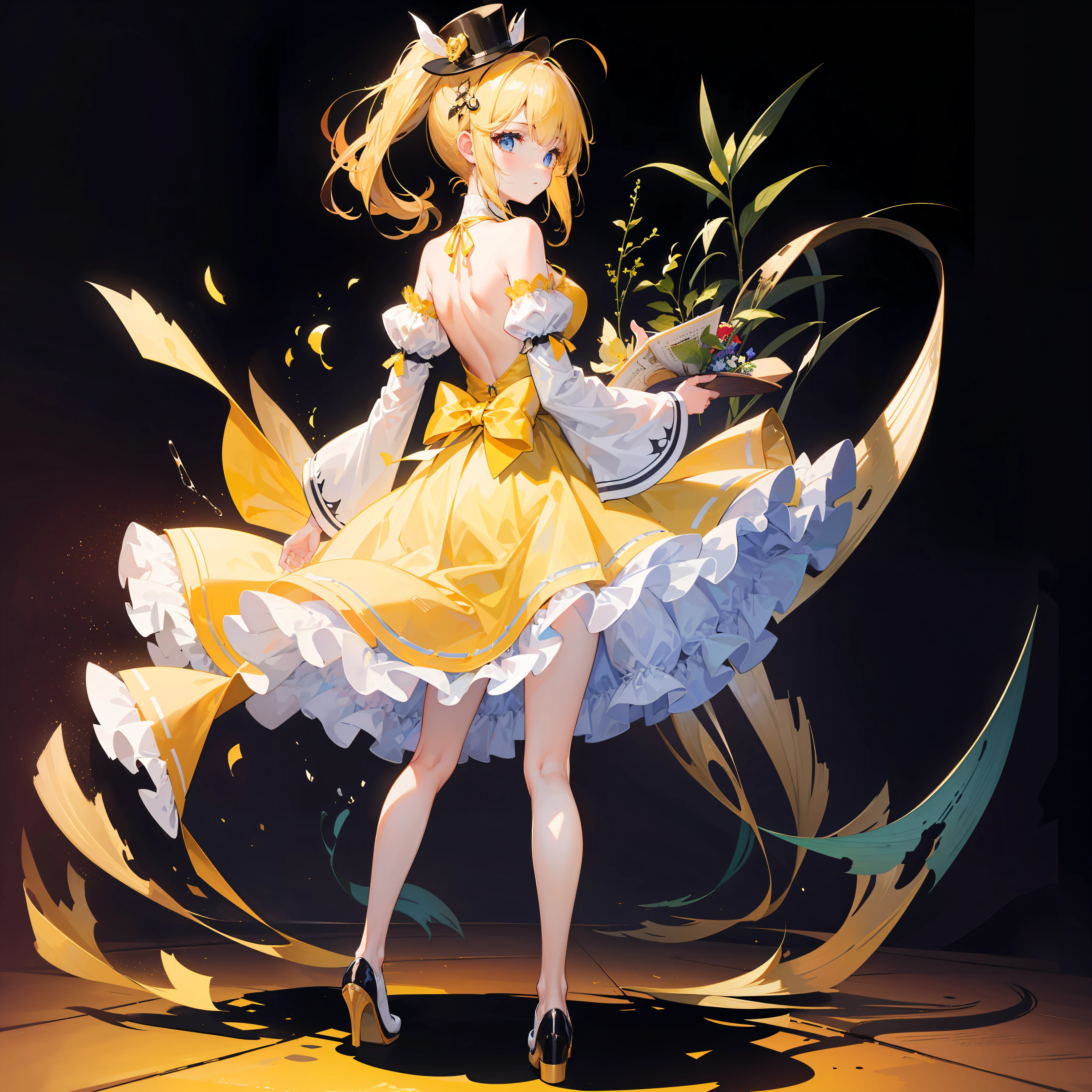 Masterpiece, best quality, (very detailed CG Unity 8k wallpaper) (best quality), (best illustration), (best shadow) (full body picture), double ponytail girl, light blue princess dress, big bow back ornament, yellow tunic, top hat headdress, yellow haired girl, cute, cute